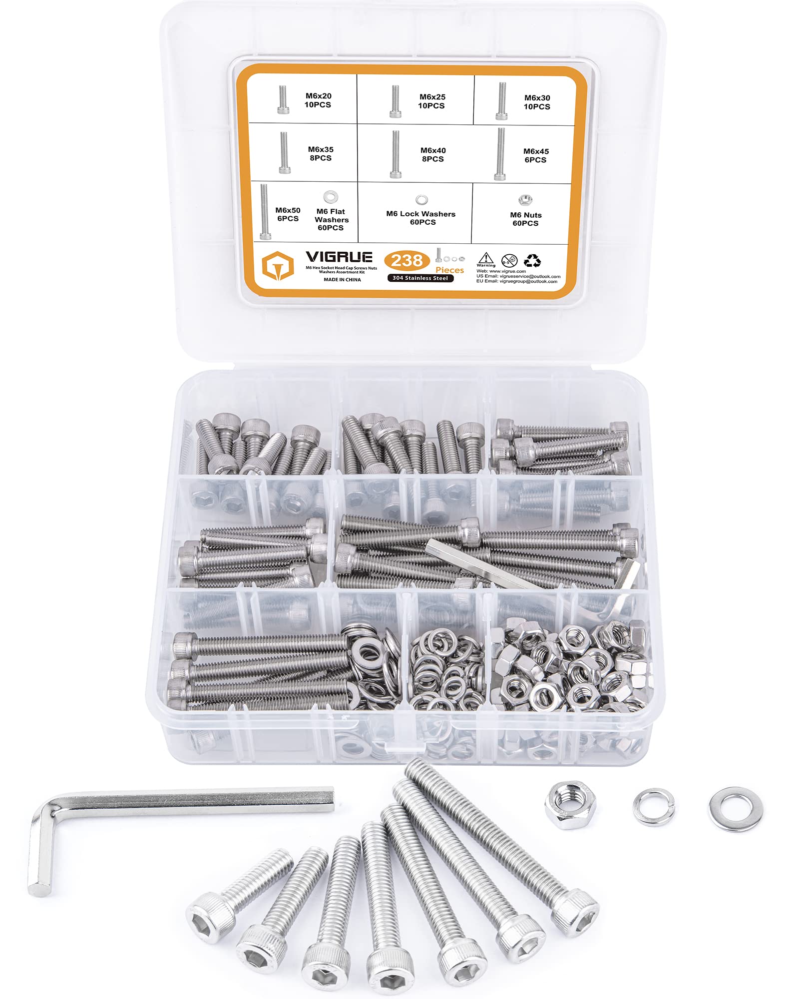 VIGRUE 238PCS M6-1.0 x 20/25/30/35/40/45/50mm Hex Socket Head Cap Screws, Stainless Steel 304 Allen Head Bolts Nuts Kit, Full UNC Thread