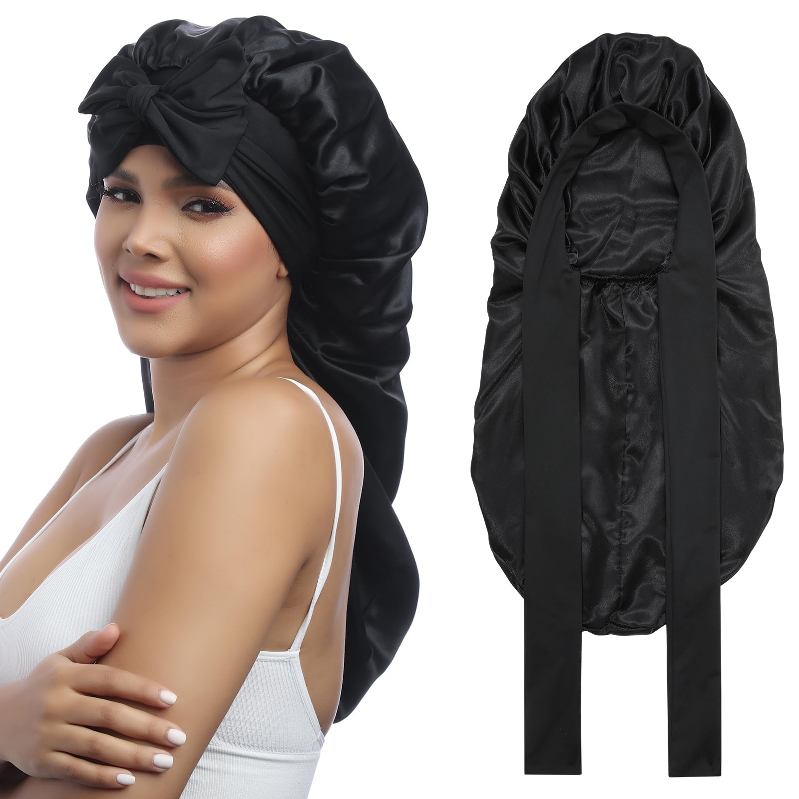 AWAYTR Long Satin Bonnet for Women - Double Layer Elastic Silk Bonnet for Braids Hair Sleeping Cap with Tie Band (Black)