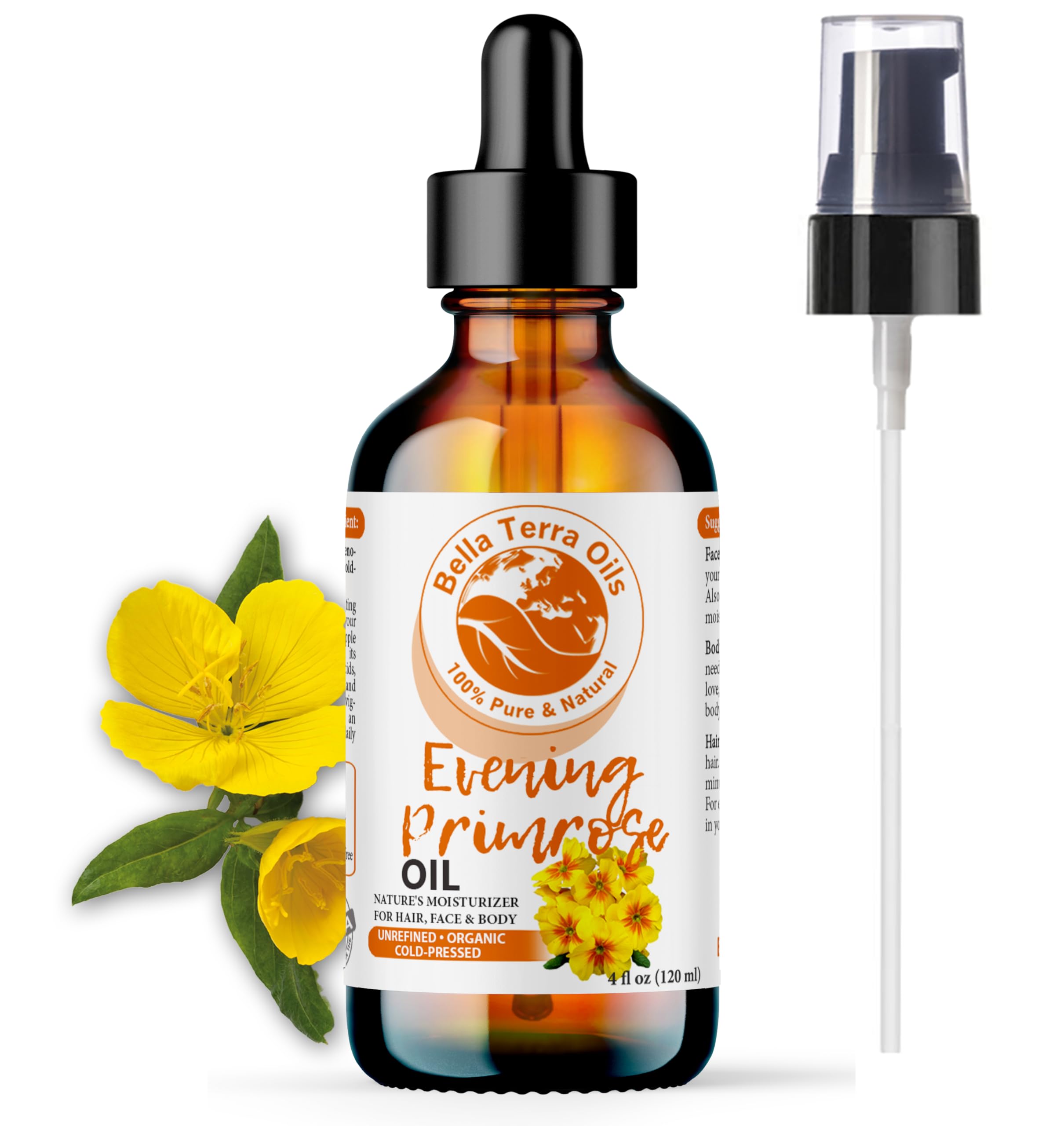 Bella Terra Oils - Organic Evening Primrose Oil 4oz - Unveiling the Richness of Cold-Pressed Organic Evening Primrose, Abundant in Vitamin F & Essential Fatty Acids for an Enhanced Glow