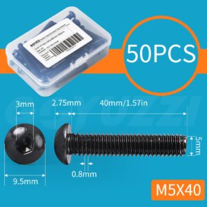 M5 x 40mm Button Head Socket Cap Screws Bolts, 10.9 Grade Alloy Steel, Black Oxide Finish, Metric Allen Hex Drive, Fully Threaded, 50PCS