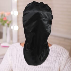 AWAYTR Long Satin Bonnet for Women - Double Layer Elastic Silk Bonnet for Braids Hair Sleeping Cap with Tie Band (Black)