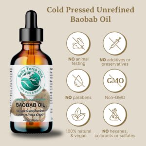 Bella Terra Oils - Baobab Oil 2 oz - Cold-Pressed Purity, Rich in Vitamin C & E, Omega-3, 6, 9 Fatty Acids, Ultimate Elixir for Nourished, Radiant Skin