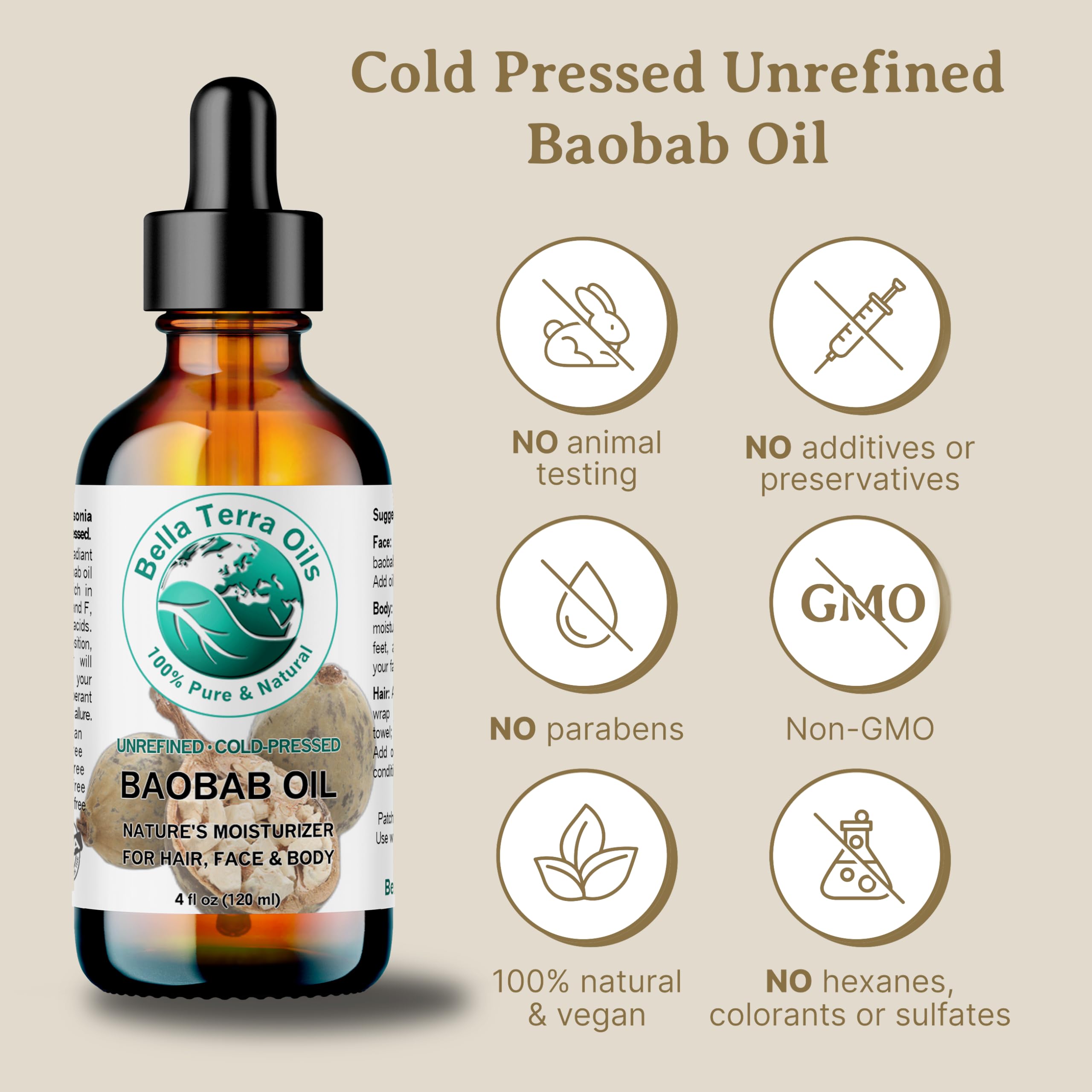 Bella Terra Oils - Baobab Oil 2 oz - Cold-Pressed Purity, Rich in Vitamin C & E, Omega-3, 6, 9 Fatty Acids, Ultimate Elixir for Nourished, Radiant Skin