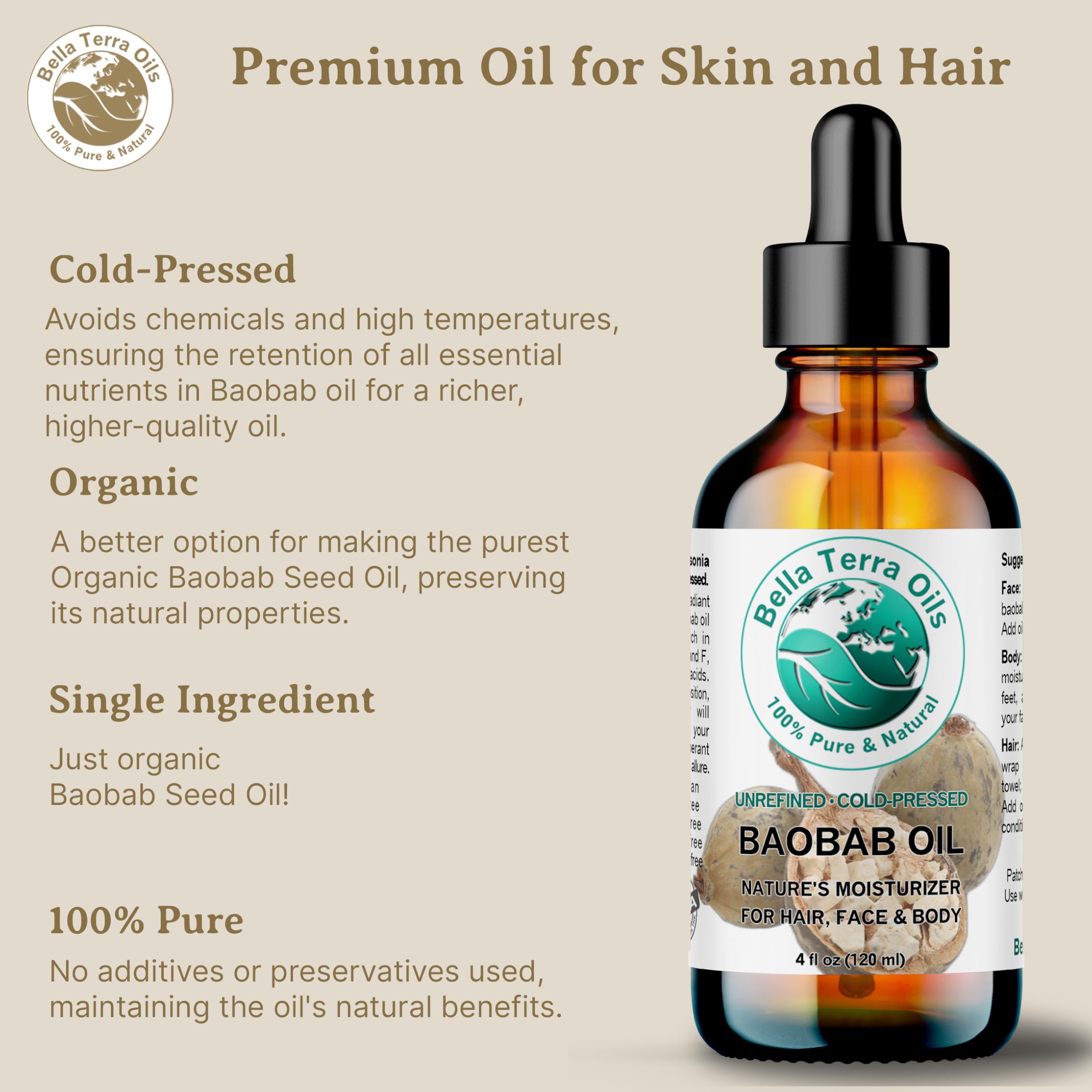 Bella Terra Oils - Baobab Oil 2 oz - Cold-Pressed Purity, Rich in Vitamin C & E, Omega-3, 6, 9 Fatty Acids, Ultimate Elixir for Nourished, Radiant Skin