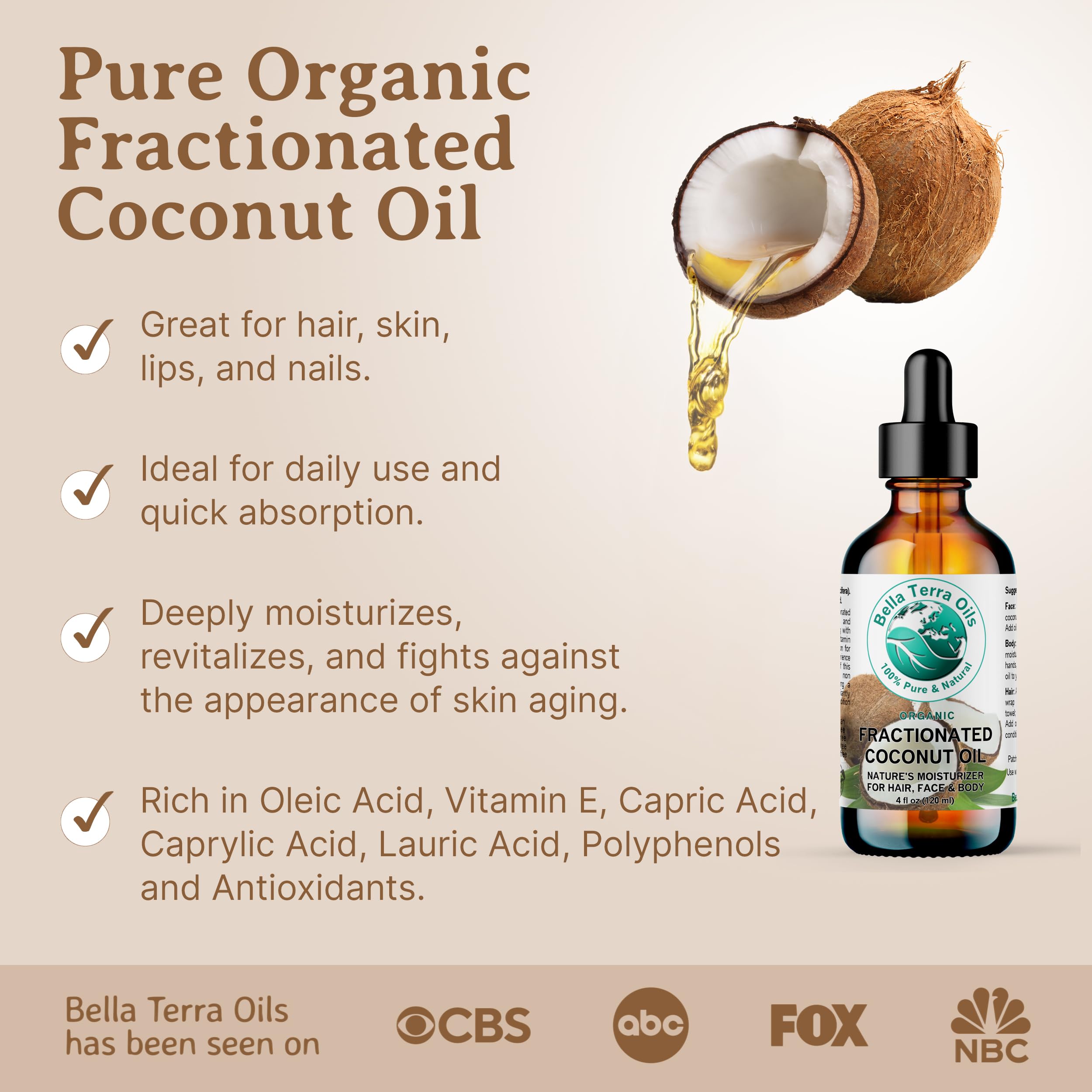 Bella Terra Oils - Organic Fractionated Coconut Oil (MCT) 4 oz - A Treasured Elixir from Coconut, Enriched with Caprylic & Capric Acid, The Ultimate Carrier for Mixing Oils