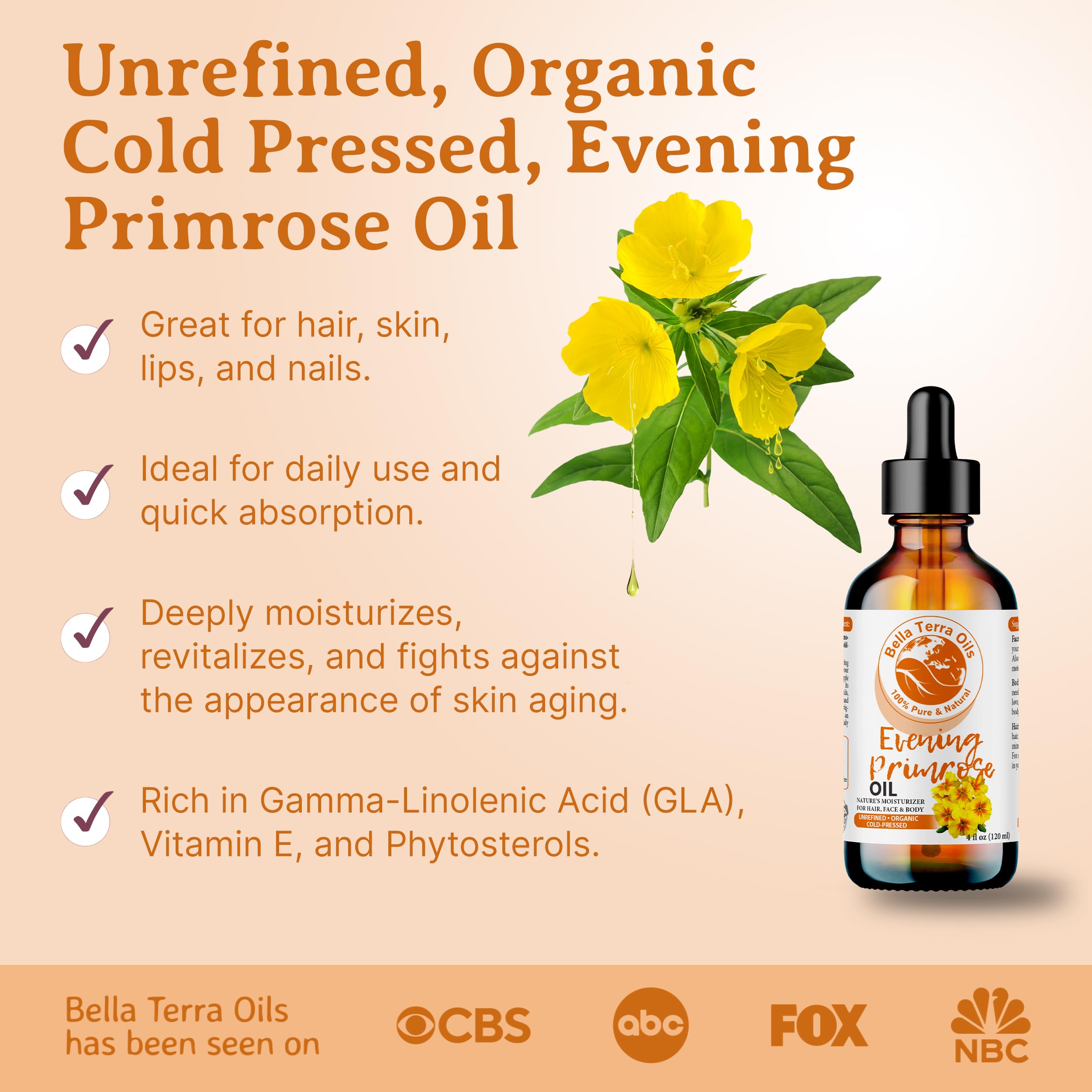 Bella Terra Oils - Organic Evening Primrose Oil 4oz - Unveiling the Richness of Cold-Pressed Organic Evening Primrose, Abundant in Vitamin F & Essential Fatty Acids for an Enhanced Glow