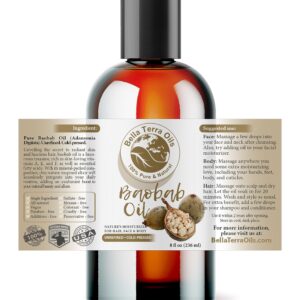 Bella Terra Oils - Baobab Oil 8 oz - Derived from the Majestic Baobab Tree, Enriched with Vitamin A & F, For a Smooth, Plush Skin Experience