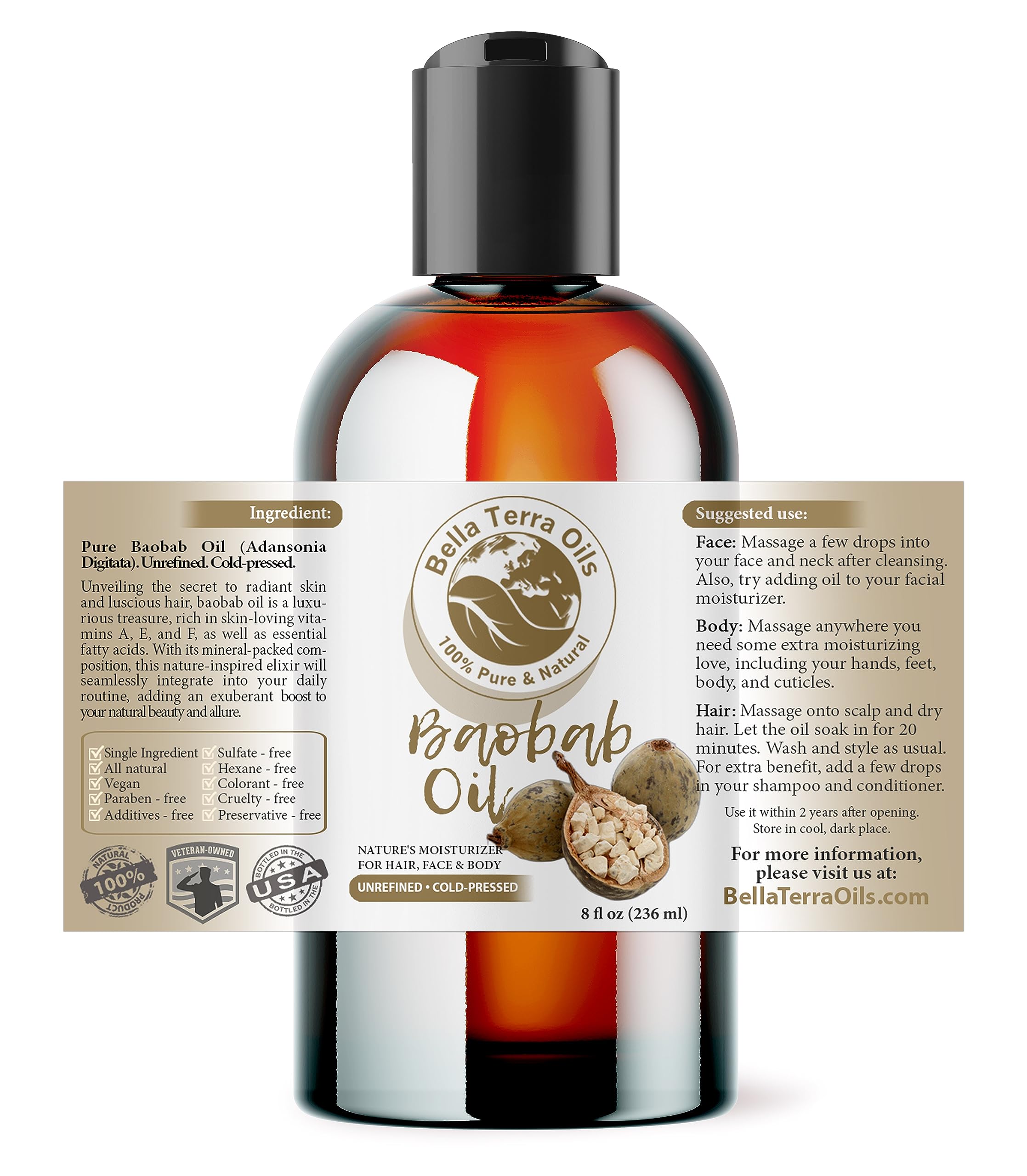 Bella Terra Oils - Baobab Oil 8 oz - Derived from the Majestic Baobab Tree, Enriched with Vitamin A & F, For a Smooth, Plush Skin Experience