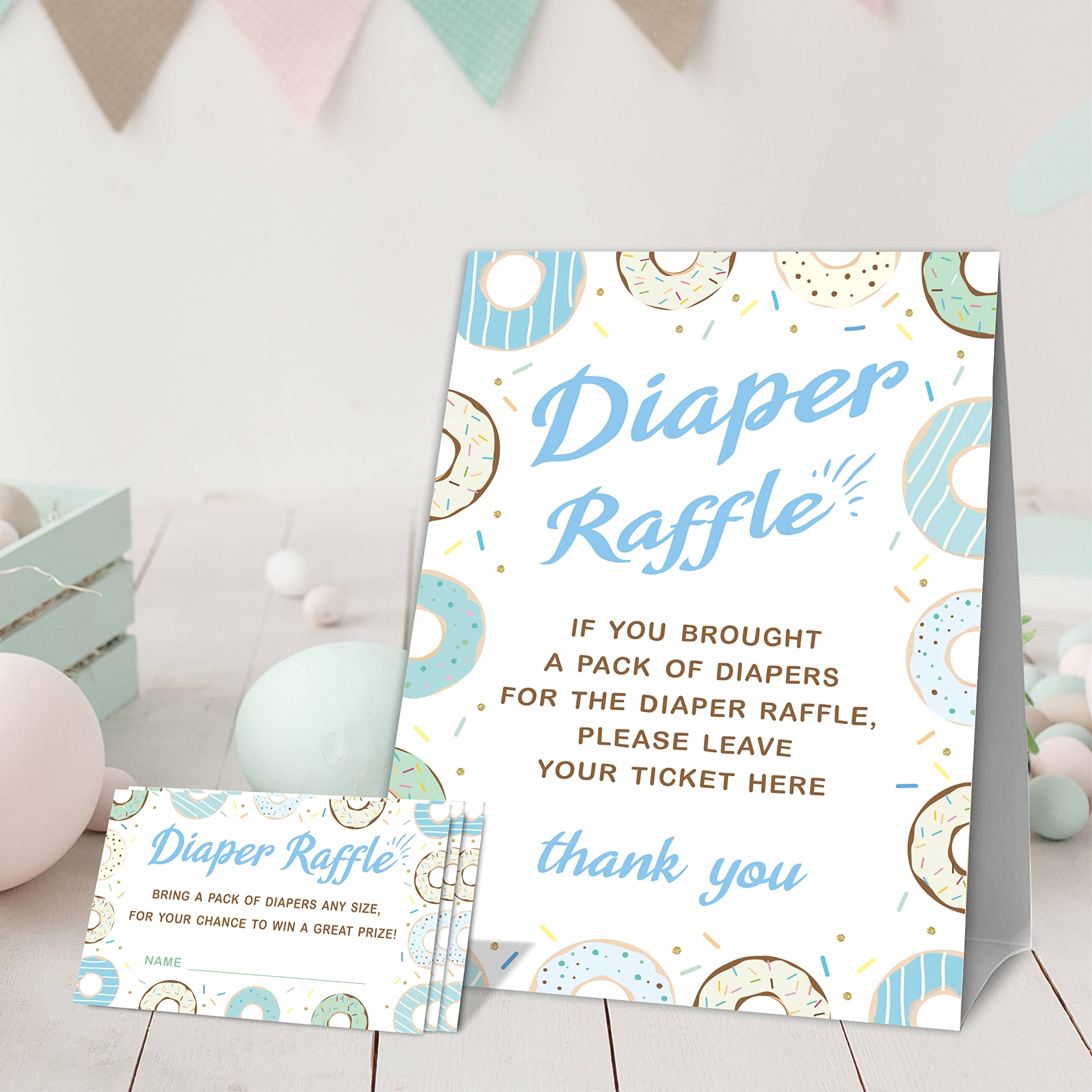 JCVUK Baby Shower Games, 1 Diaper Raffle Standing Sign with 50 Diaper Raffle Tickets,Donut Love Theme Babyshower Party Decorations and Supplies For Boys or Girls(LBLK-B08)