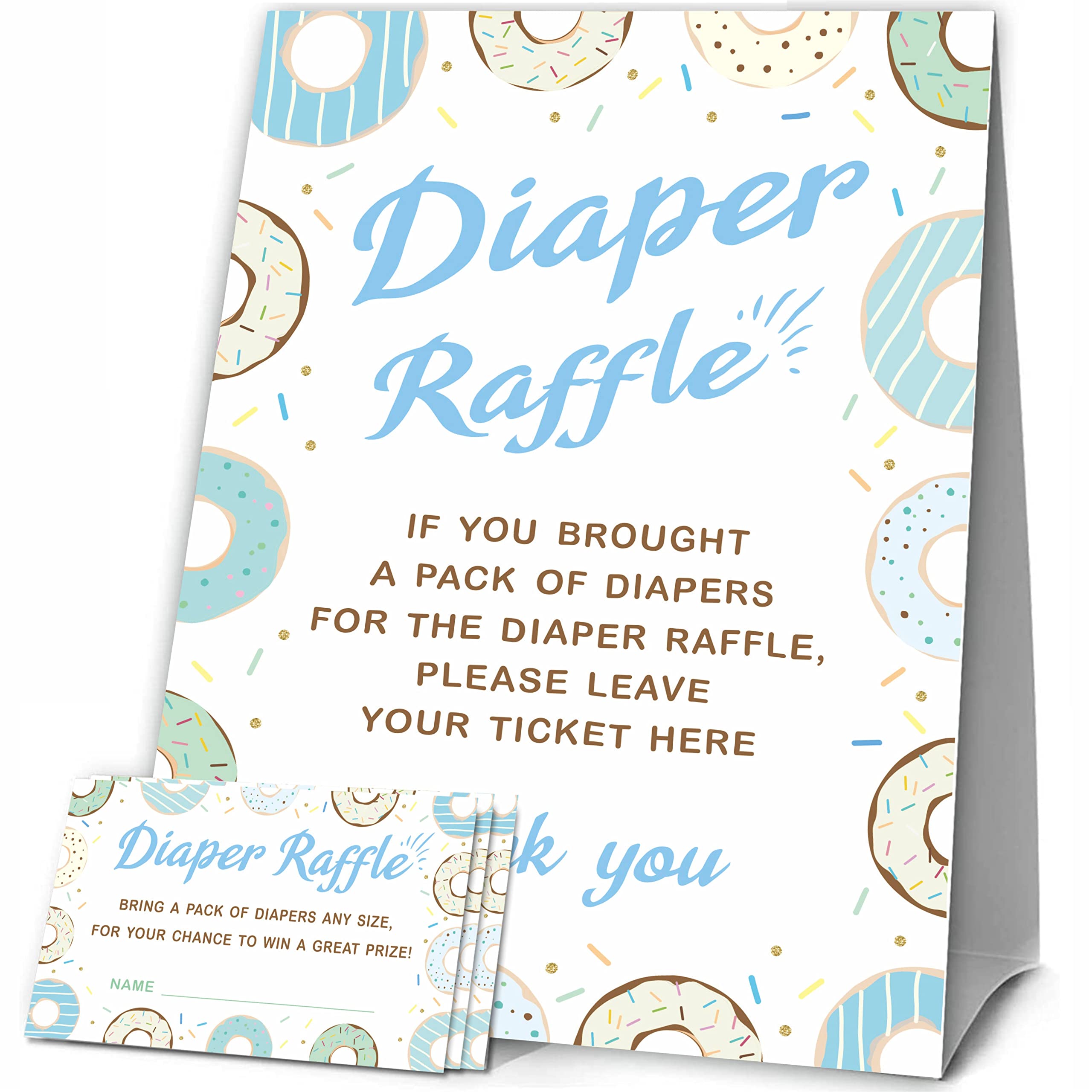 JCVUK Baby Shower Games, 1 Diaper Raffle Standing Sign with 50 Diaper Raffle Tickets,Donut Love Theme Babyshower Party Decorations and Supplies For Boys or Girls(LBLK-B08)