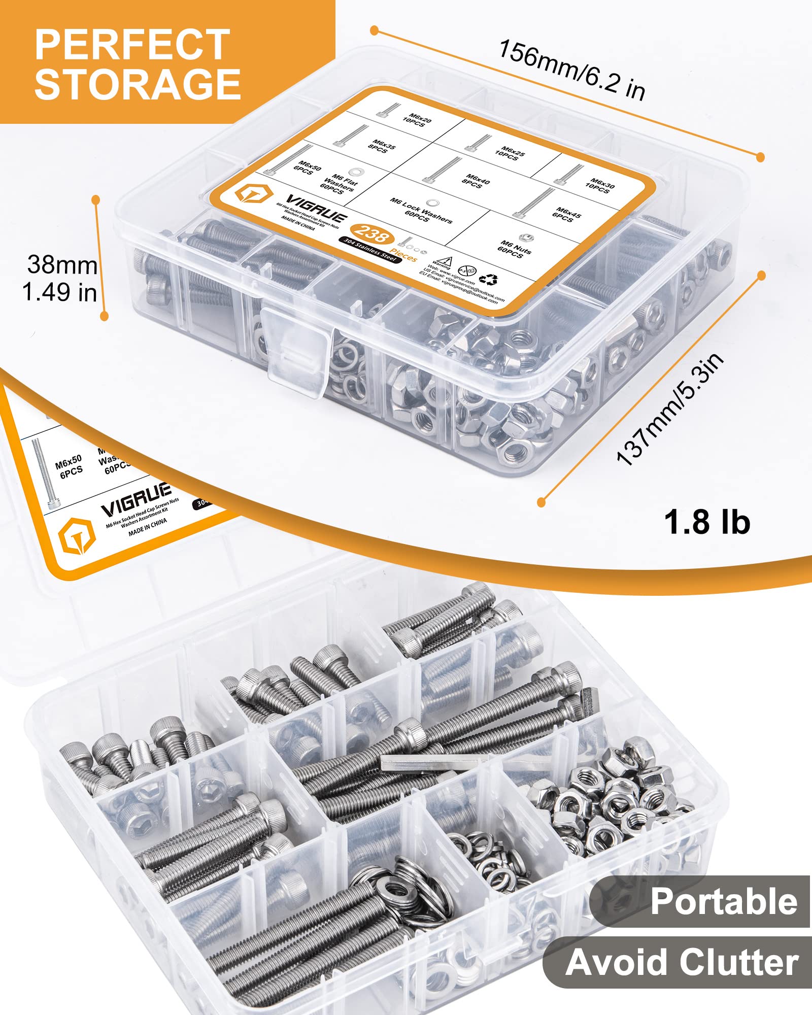 VIGRUE 238PCS M6-1.0 x 20/25/30/35/40/45/50mm Hex Socket Head Cap Screws, Stainless Steel 304 Allen Head Bolts Nuts Kit, Full UNC Thread