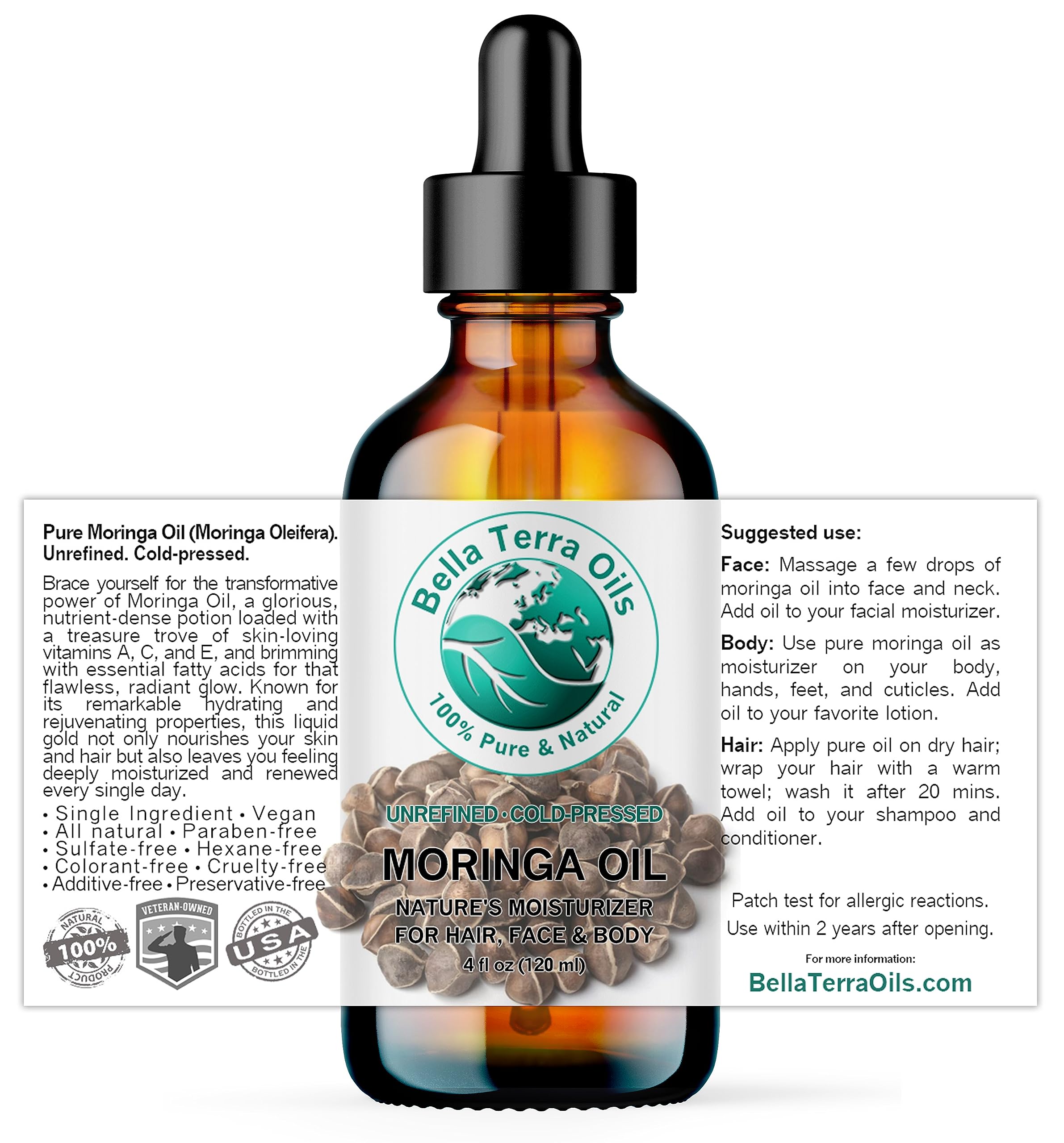 Bella Terra Oils - Organic Moringa Oil 4 oz - Celebrating Pure Premium Organic Moringa, Enriched with Antioxidants, Best for Nourishing Skin’s Natural Glow