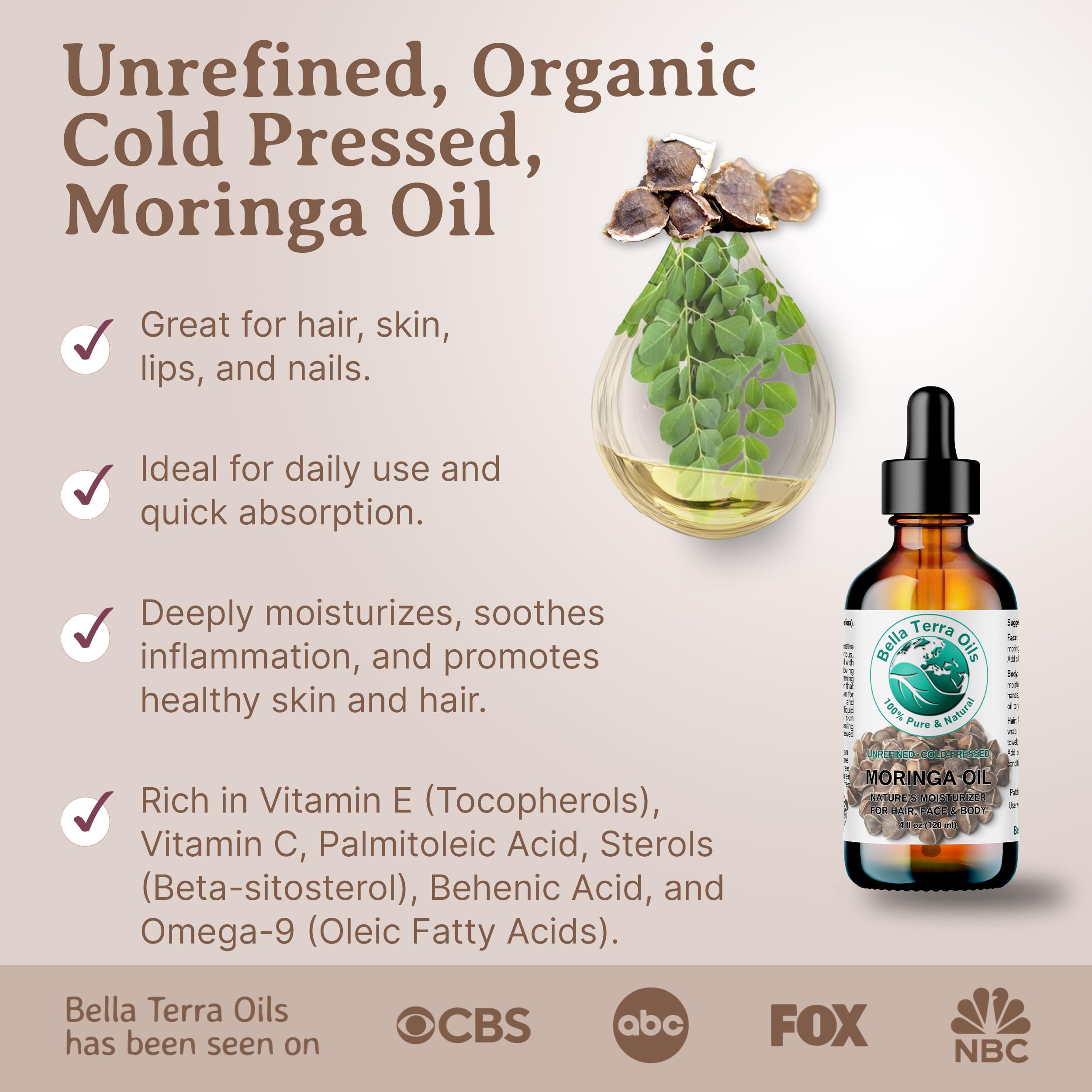 Bella Terra Oils - Organic Moringa Oil 4 oz - Celebrating Pure Premium Organic Moringa, Enriched with Antioxidants, Best for Nourishing Skin’s Natural Glow