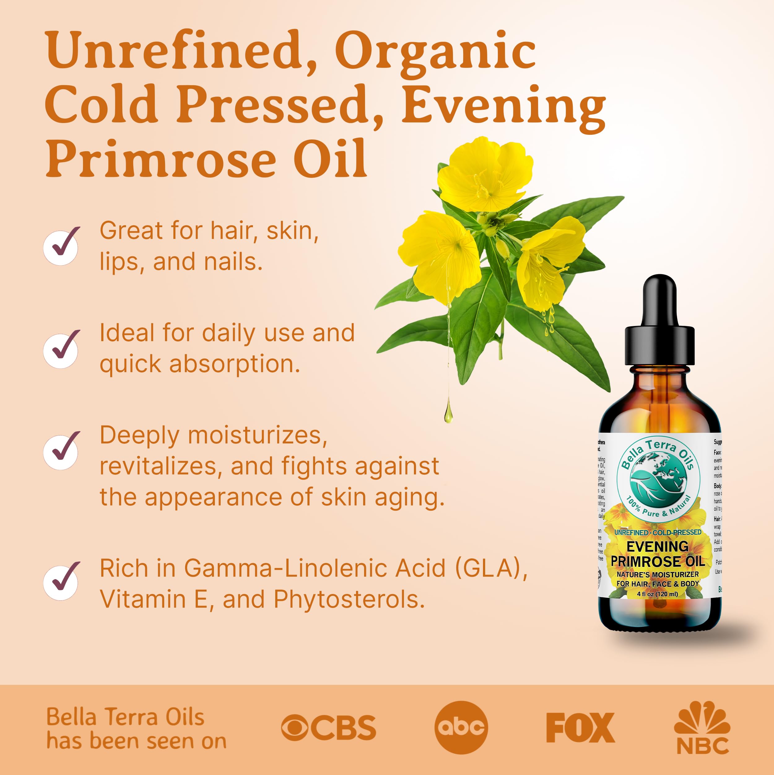 Bella Terra Oils - Organic Evening Primrose Oil 8 oz - Harvested for Excellence, Packed with Nutrients & Omega-6, Perfect Elixir for Enhancing Natural Beauty