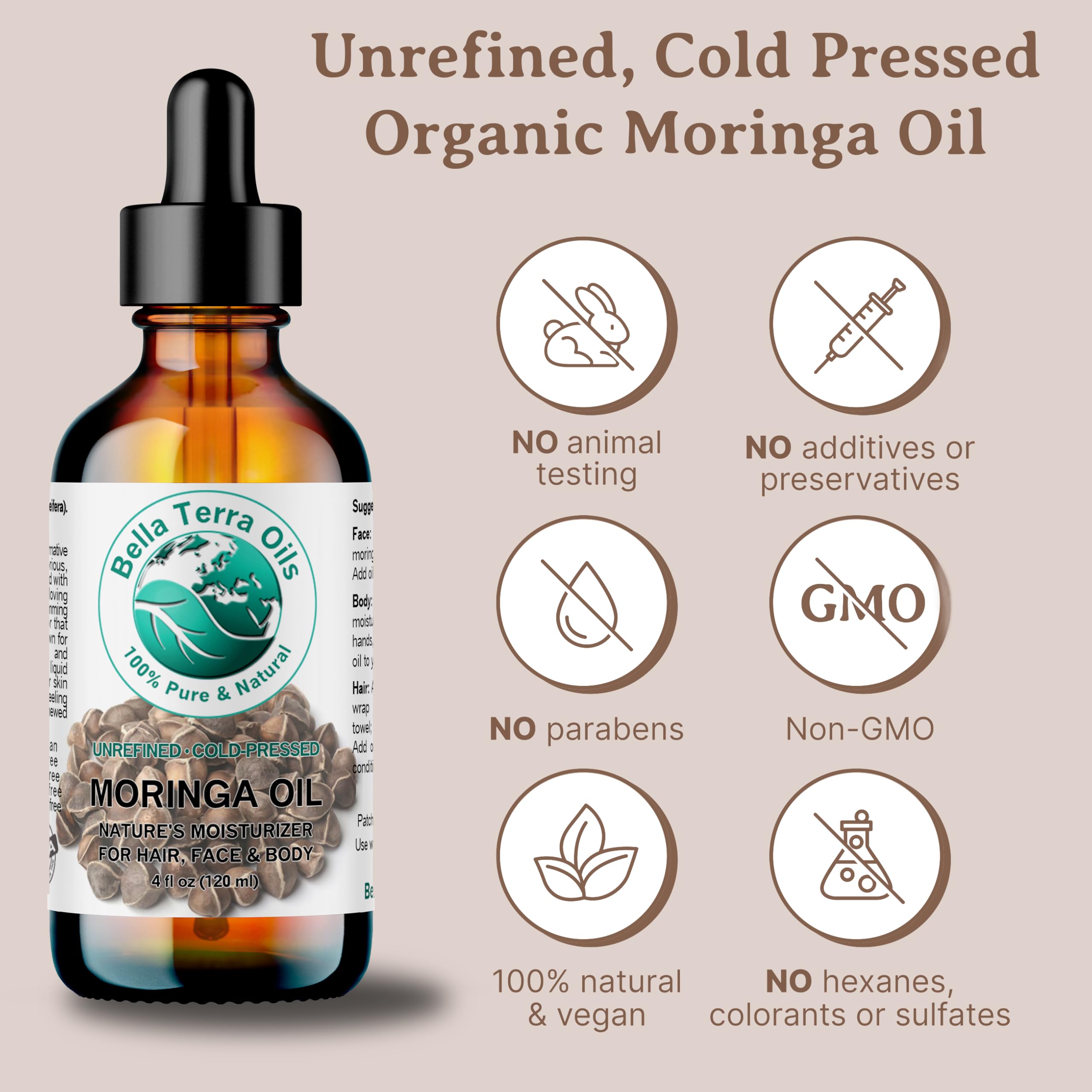 Bella Terra Oils - Organic Moringa Oil 4 oz - Celebrating Pure Premium Organic Moringa, Enriched with Antioxidants, Best for Nourishing Skin’s Natural Glow