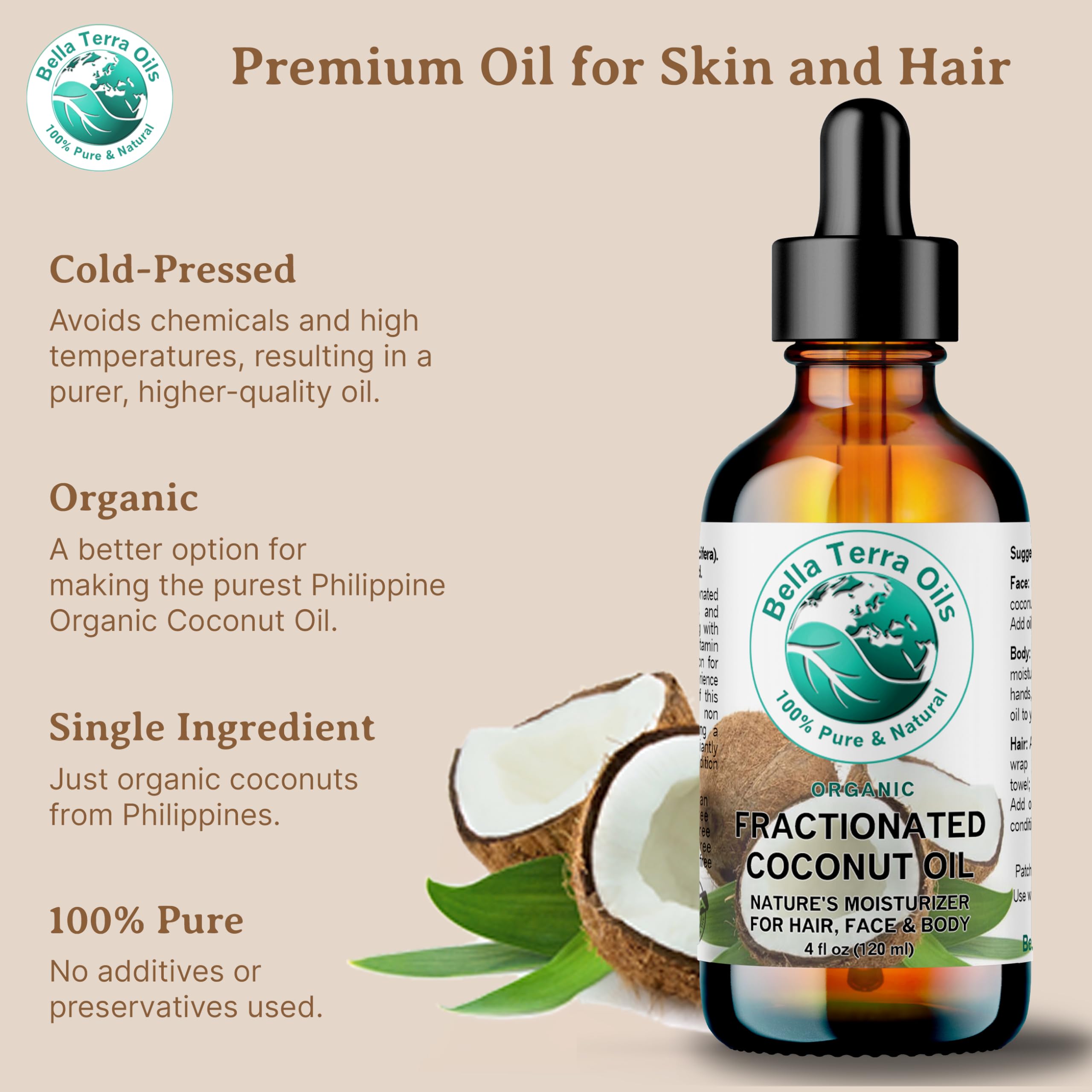 Bella Terra Oils - Organic Fractionated Coconut Oil (MCT) 4 oz - A Treasured Elixir from Coconut, Enriched with Caprylic & Capric Acid, The Ultimate Carrier for Mixing Oils