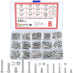 wugongshan 550 Pcs Screws Bolts and Nuts Assortment Kit, Metric Machine Screws and Nuts and Bolts and Flat Washers, M3/M4/M5 Slotted Pan Head Hex Bolts and Nuts Sets (B)