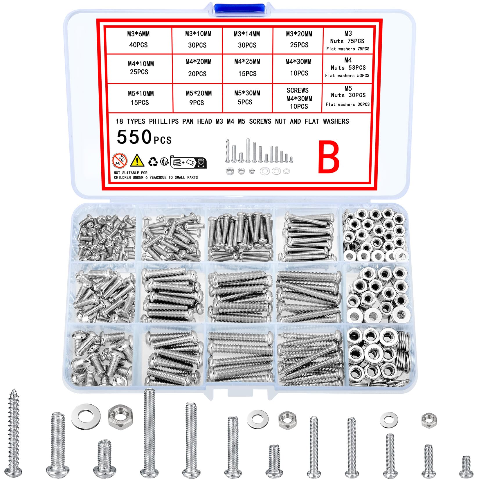 wugongshan 550 Pcs Screws Bolts and Nuts Assortment Kit, Metric Machine Screws and Nuts and Bolts and Flat Washers, M3/M4/M5 Slotted Pan Head Hex Bolts and Nuts Sets (B)