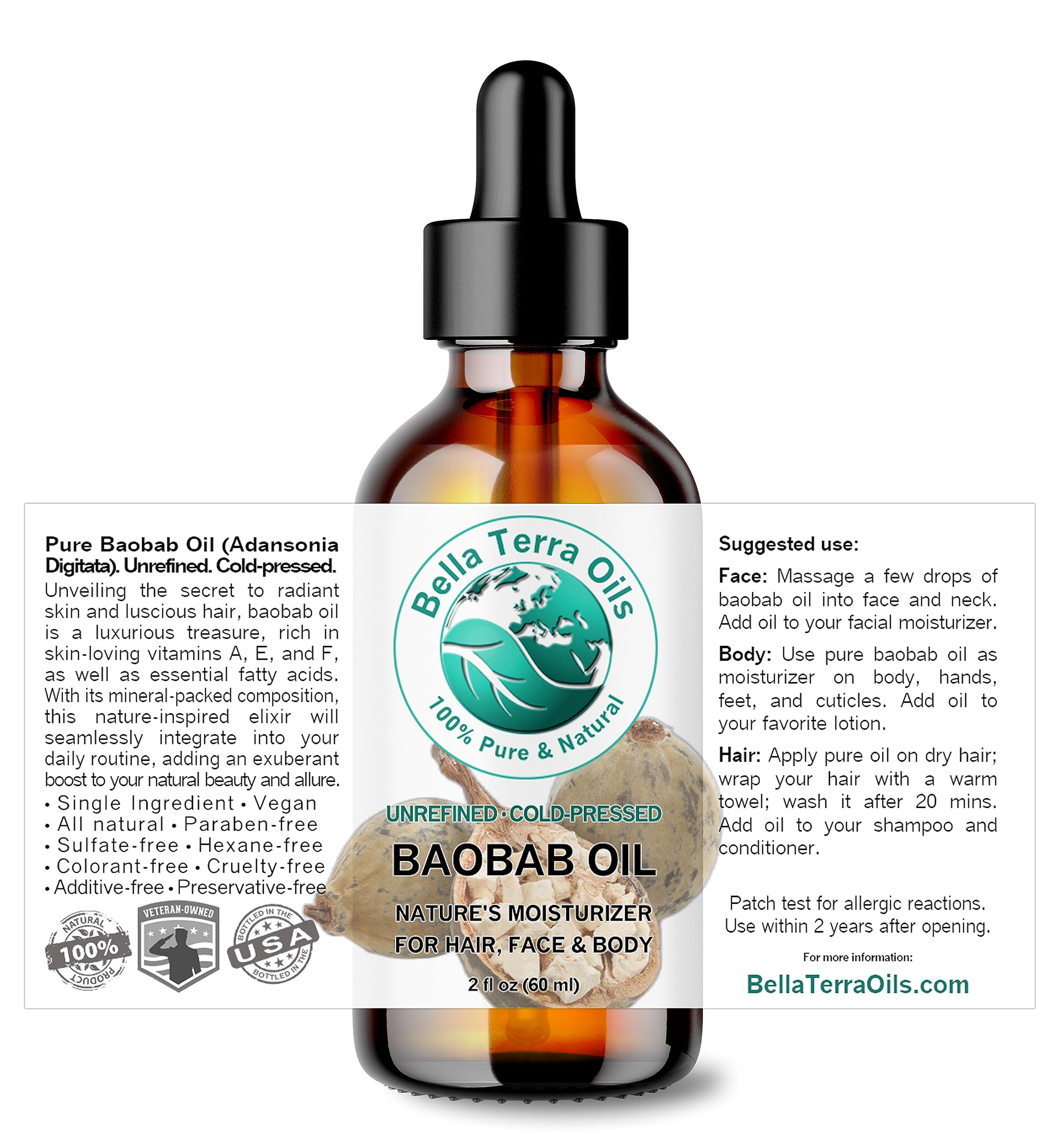 Bella Terra Oils - Baobab Oil 2 oz - Cold-Pressed Purity, Rich in Vitamin C & E, Omega-3, 6, 9 Fatty Acids, Ultimate Elixir for Nourished, Radiant Skin