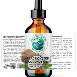 Bella Terra Oils - Organic Fractionated Coconut Oil (MCT) 4 oz - A Treasured Elixir from Coconut, Enriched with Caprylic & Capric Acid, The Ultimate Carrier for Mixing Oils