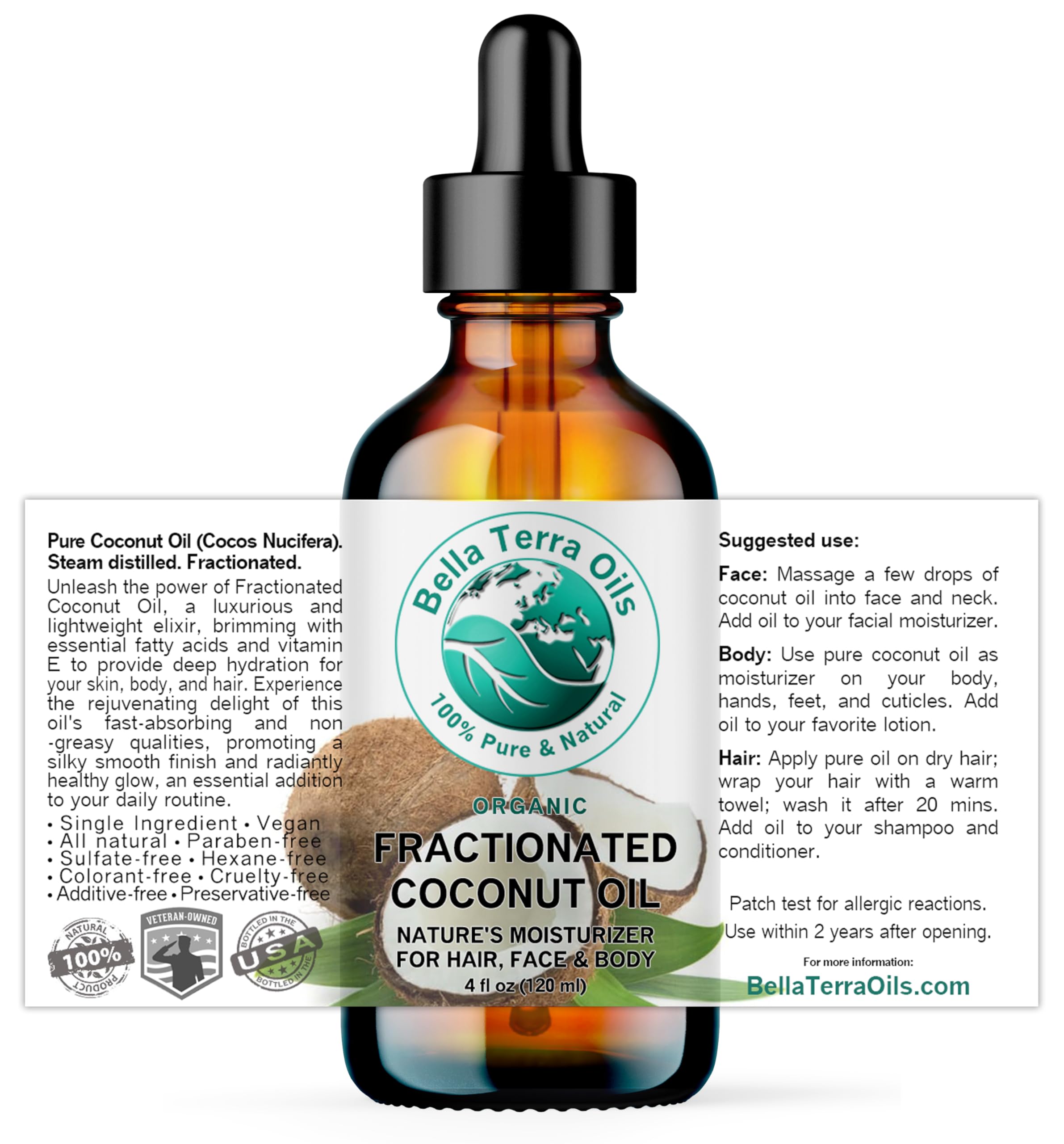 Bella Terra Oils - Organic Fractionated Coconut Oil (MCT) 4 oz - A Treasured Elixir from Coconut, Enriched with Caprylic & Capric Acid, The Ultimate Carrier for Mixing Oils