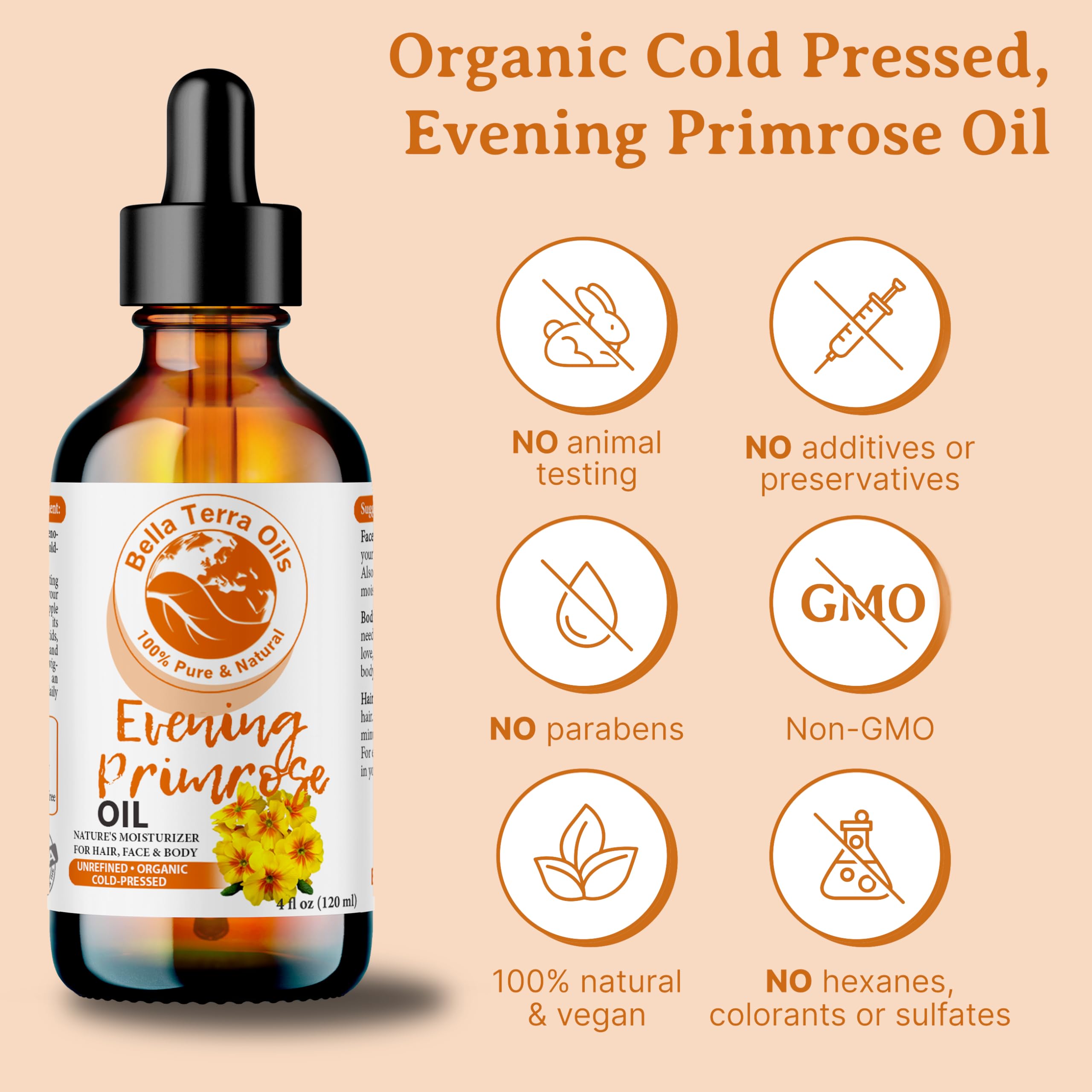 Bella Terra Oils - Organic Evening Primrose Oil 4oz - Unveiling the Richness of Cold-Pressed Organic Evening Primrose, Abundant in Vitamin F & Essential Fatty Acids for an Enhanced Glow