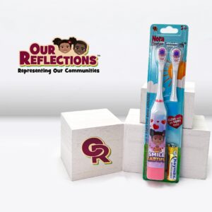 OUR REFLECTIONS Kids Battery Powered, 2 Toothbrush Heads, Soft Bristles, Ages 3 and up. Diversity Girl Nora, Boy John (Nora Electric Toothbrush, Pink)