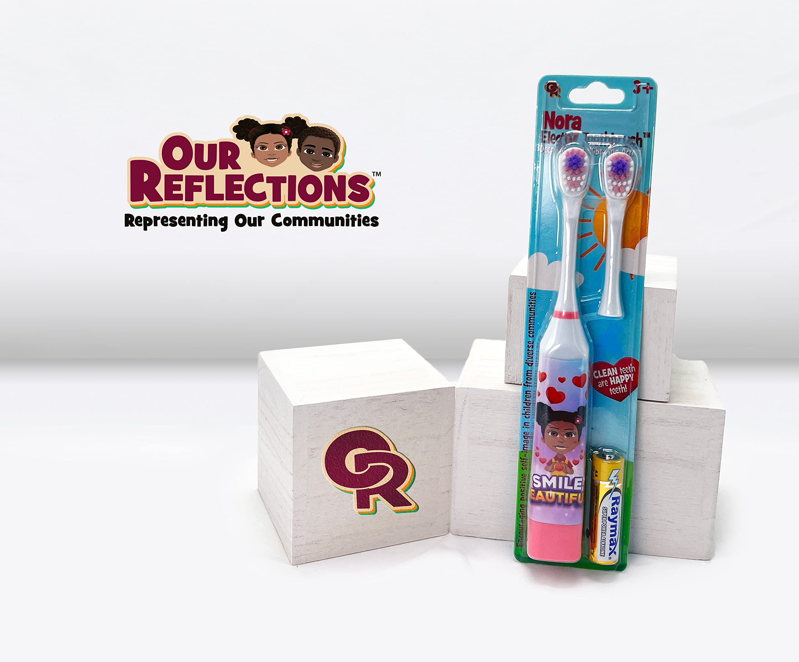 OUR REFLECTIONS Kids Battery Powered, 2 Toothbrush Heads, Soft Bristles, Ages 3 and up. Diversity Girl Nora, Boy John (Nora Electric Toothbrush, Pink)