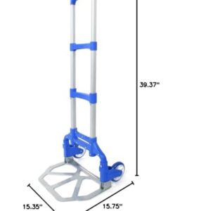 Portable Folding Hand Truck Aluminium Luggage Trolley Cart and Dolly 165 lbs Capacity with Bungee Cord, Telescoping Handle, PVC Wheels with Double Bearings for Travel Office Auto Moving (Blue)