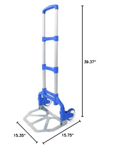 Portable Folding Hand Truck Aluminium Luggage Trolley Cart and Dolly 165 lbs Capacity with Bungee Cord, Telescoping Handle, PVC Wheels with Double Bearings for Travel Office Auto Moving (Blue)