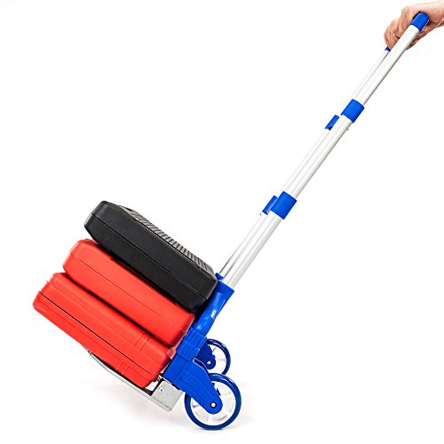 Portable Folding Hand Truck Aluminium Luggage Trolley Cart and Dolly 165 lbs Capacity with Bungee Cord, Telescoping Handle, PVC Wheels with Double Bearings for Travel Office Auto Moving (Blue)