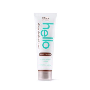 hello all over sweet coconut deodorant cream, aluminum free deodorant cream for pits, privates + more, offers 72 hours of freshness, safe for sensitive skin, vegan, 1 pack, 3 oz tube