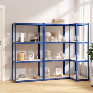 vidaXL 4-Layer Shelves - Blue Industrial Steel & Engineered Wood Storage Racks - High Load Capacity, Adjustable, Easy Assembly, 3 pcs