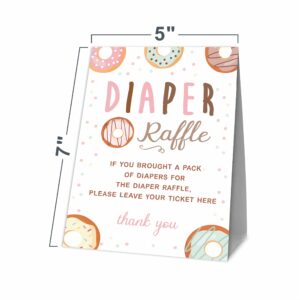 JCVUK Baby Shower Games, 1 Diaper Raffle Standing Sign with 50 Diaper Raffle Tickets,Donut Love Theme Babyshower Party Decorations and Supplies For Boys or Girls(LBLK-B11)