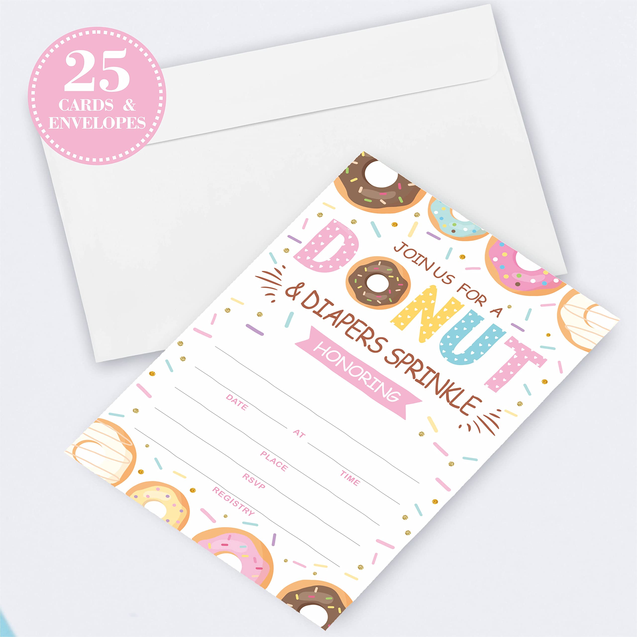 JCVUK Set of 25 Baby Shower Invitations with Envelopes, Diaper Raffle Tickets and Baby Shower Book Request Cards,Colored Donut Theme Babyshower Party For Boys or Girls(YQKTZ-B10)