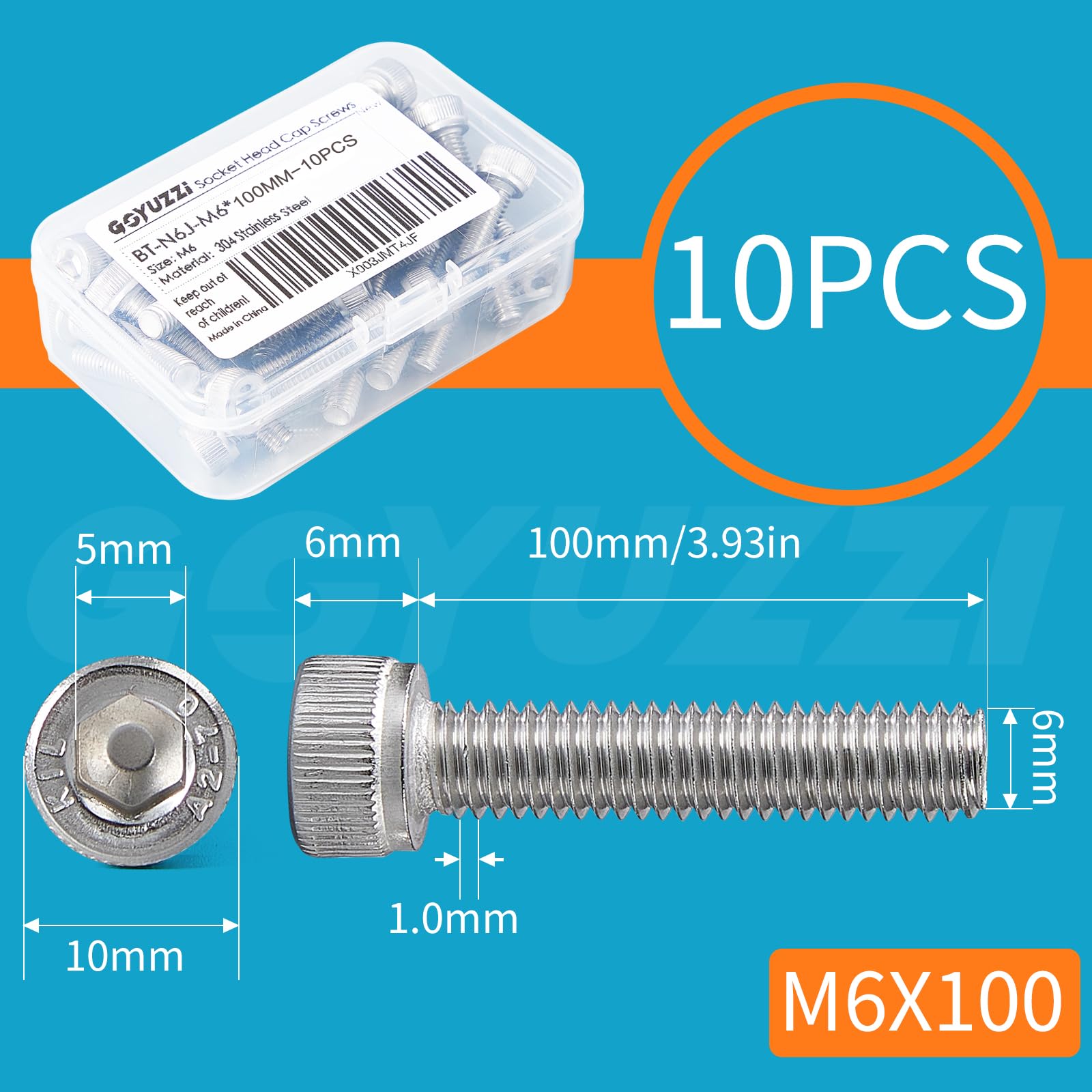 M6 x 100mm Socket Head Cap Screws Bolts Stainless Steel 304 Metric Machine Hex Socket Screw, Allen Hex Drive, Fully Thread, 10PCS