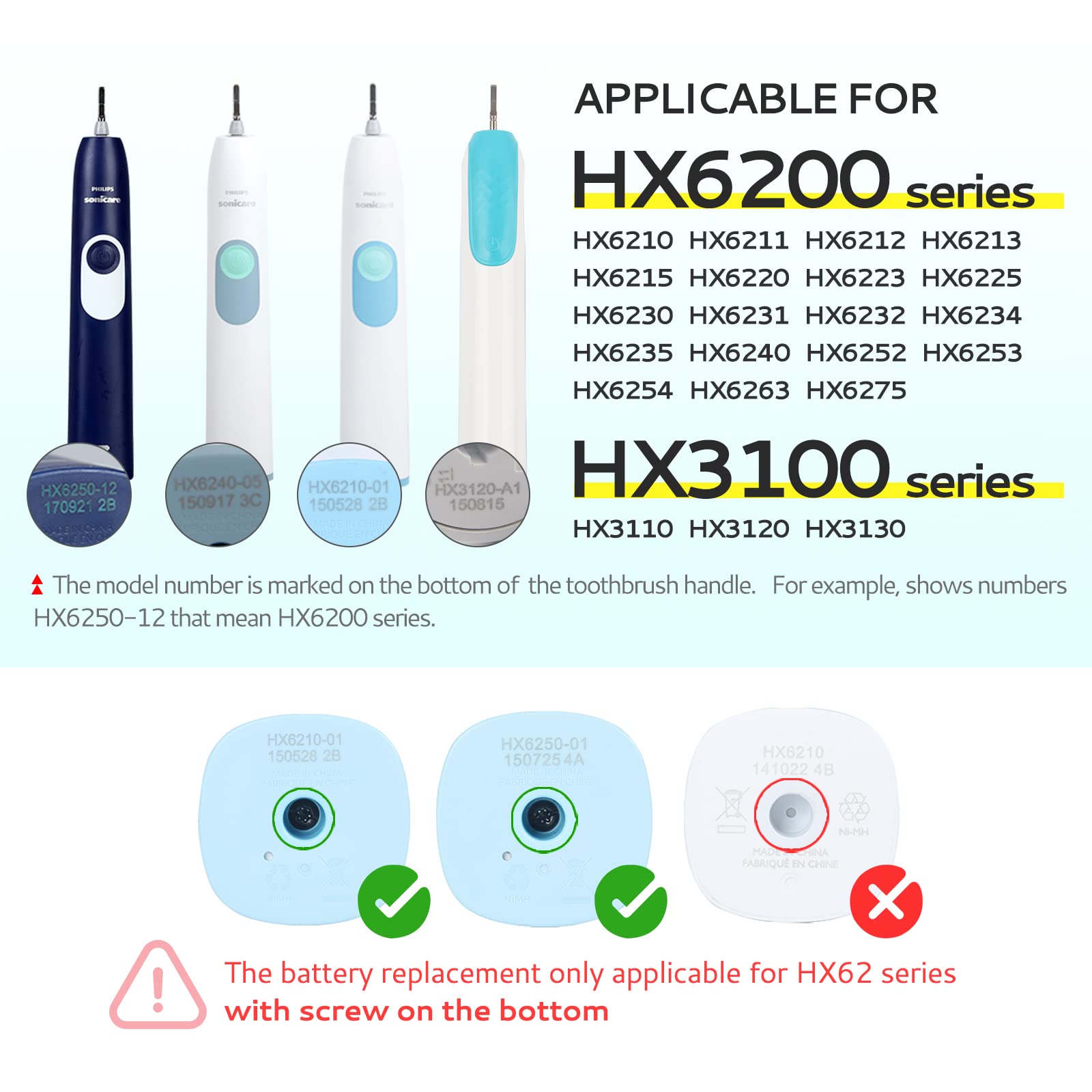 Kuflant Rechargeable Electric Toothbrush Battery Replacement for Philips HX3110 HX3120 HX3130 HX6210 HX6220 HX6230 HX6240 HX6250 HX681701 HX681050 HX625481 HX6263 HX6275 800mAh 2.4v NI-MH