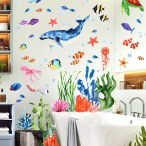 Kalolary Under The Sea Wall Decals Sea Turtle Whale Dolphin Starfish Wall Stickers 3D Coral Reef Ocean Grass Bubbles Wall Decals Wall Decoration for Wall Corner Nursery Room Children Bedroom Bathroom