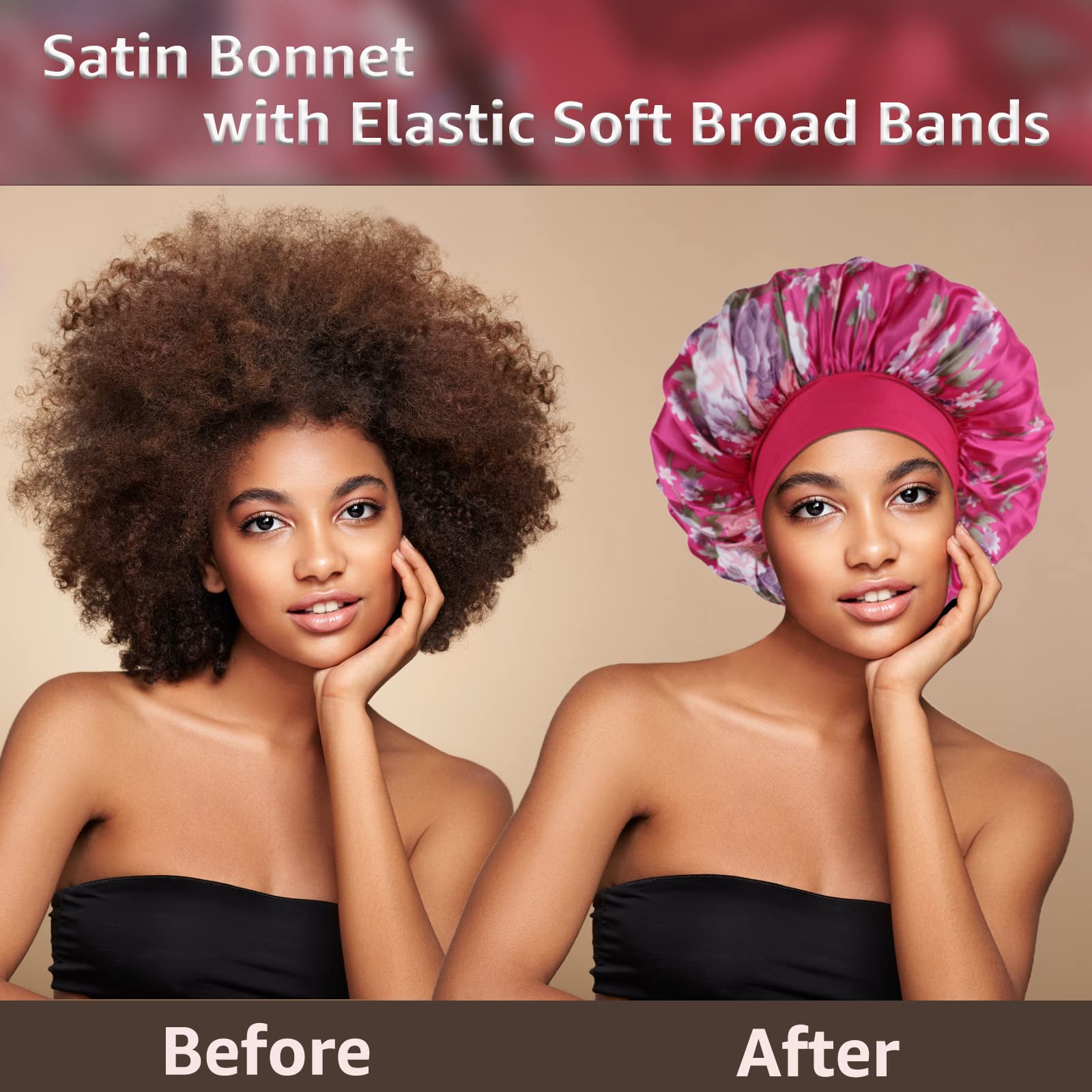 3 Pack Satin Bonnet Silk Bonnet for Sleeping, Bonnets for Black Women Hair Bonnet for Sleeping Large Sleep Cap, Wide Soft Band Bonnet for Curly Hair