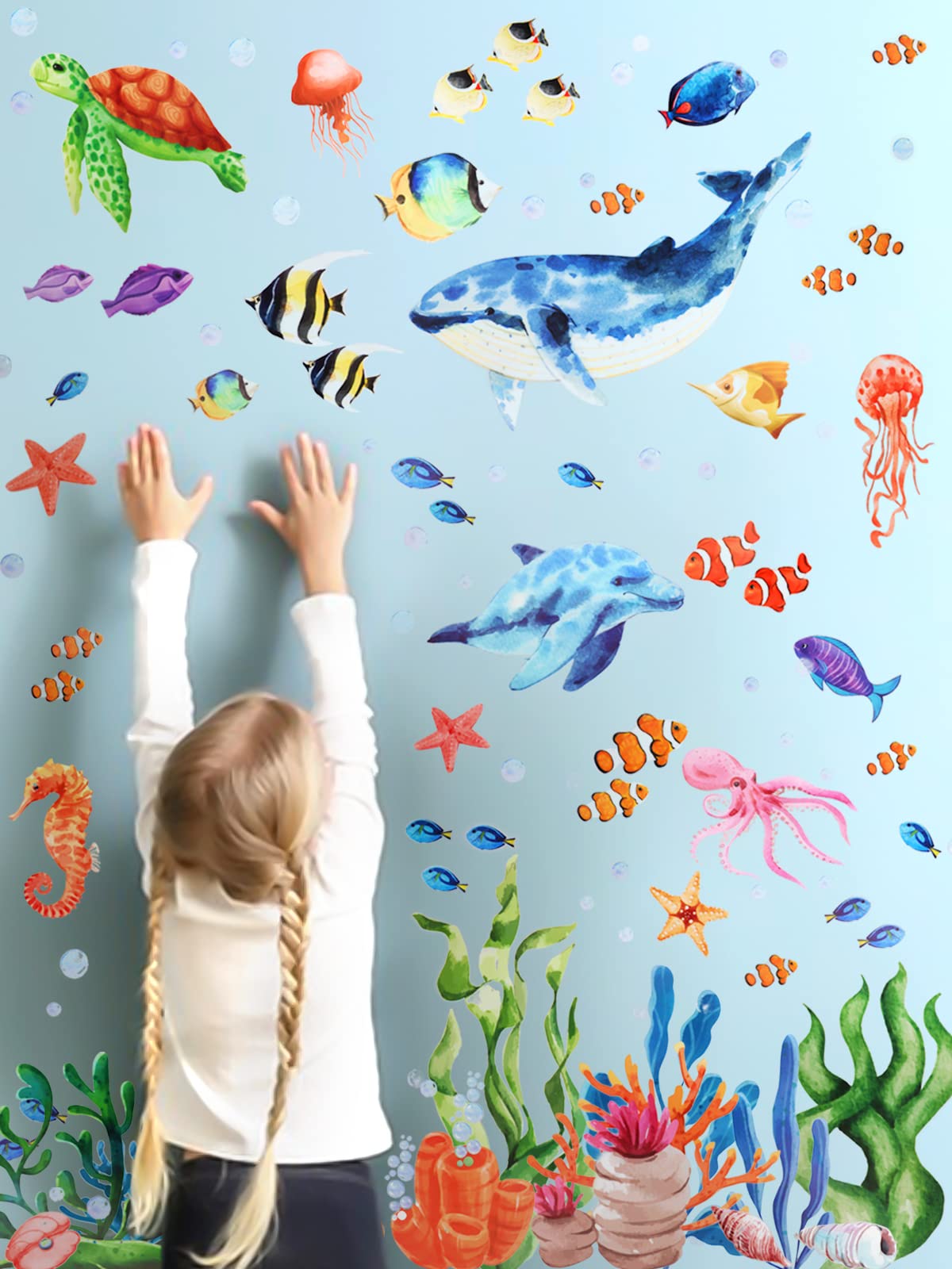 Kalolary Under The Sea Wall Decals Sea Turtle Whale Dolphin Starfish Wall Stickers 3D Coral Reef Ocean Grass Bubbles Wall Decals Wall Decoration for Wall Corner Nursery Room Children Bedroom Bathroom