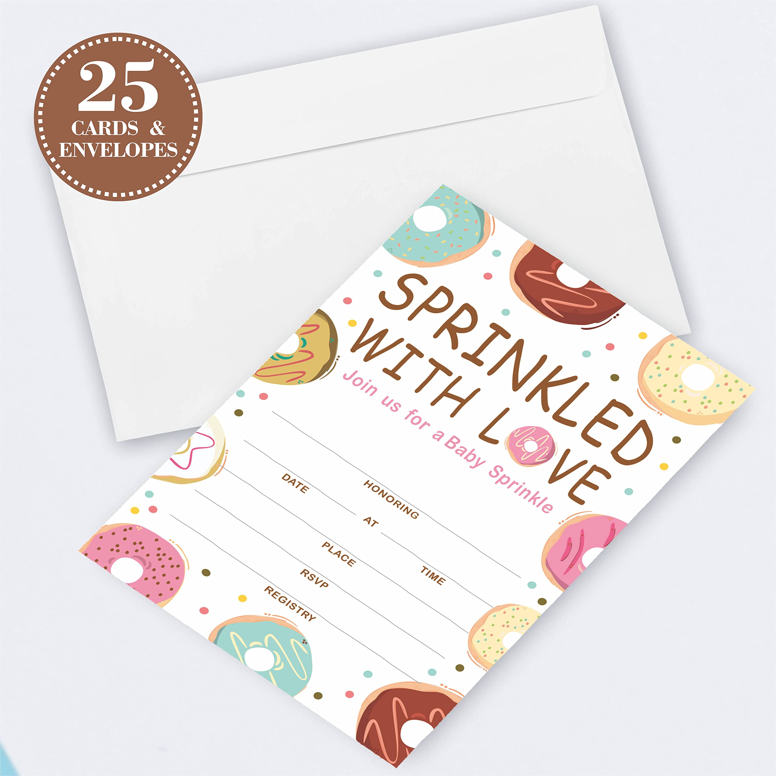 JCVUK Set of 25 Baby Shower Invitations with Envelopes, Diaper Raffle Tickets and Baby Shower Book Request Cards,Colored Donut Theme Babyshower Party For Boys or Girls(YQKTZ-B12)