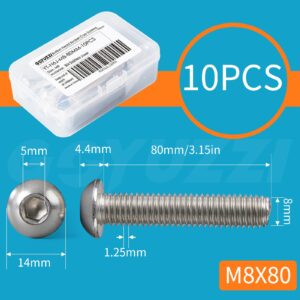 M8 x 80mm Button Head Socket Cap Screws Bolts, Stainless Steel 304, Bright Finish, Fully Threaded, Metric Allen Hex Drive, 10PCS