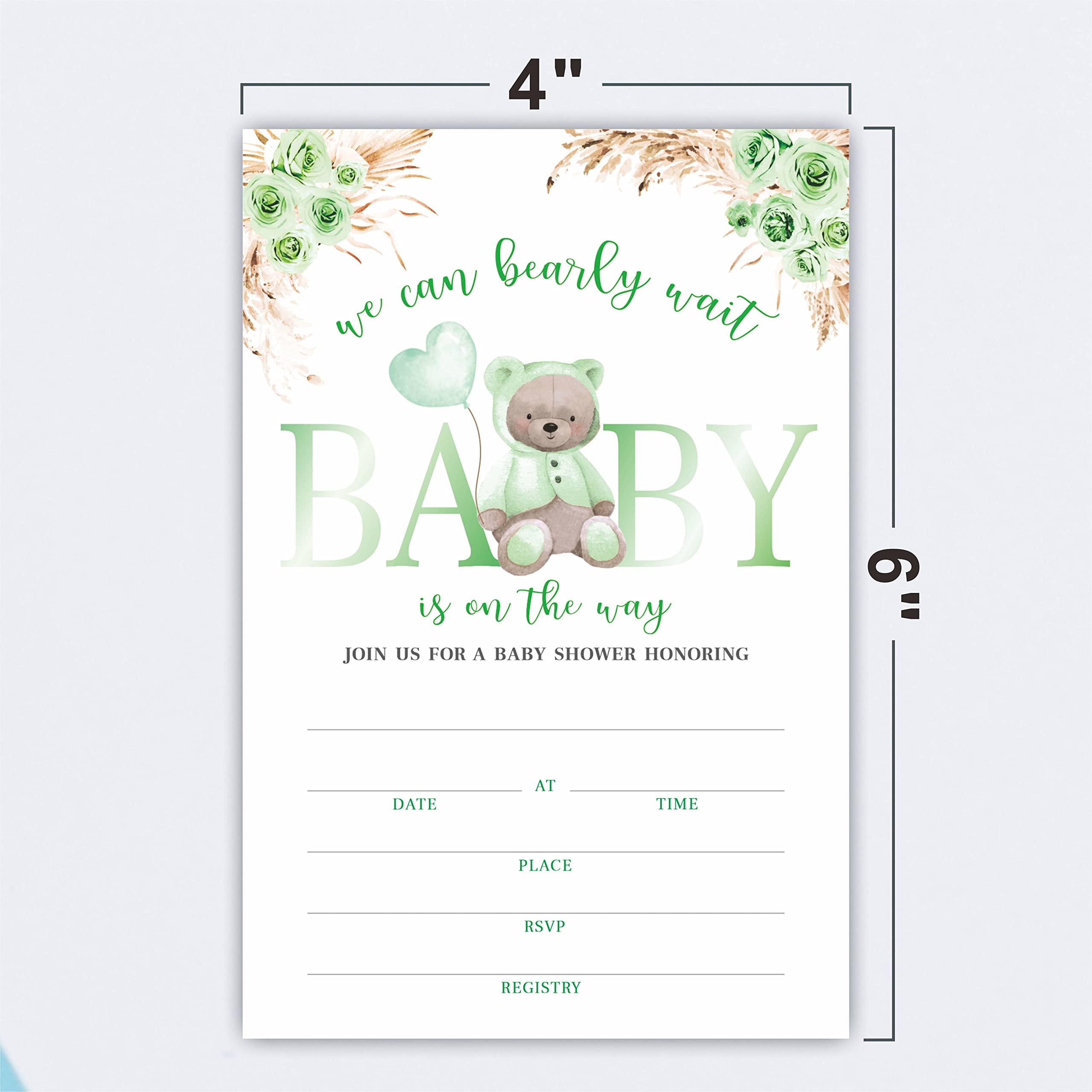 JCVUK Set of 25 Baby Shower Invitations with Envelopes, Diaper Raffle Tickets and Baby Shower Book Request Cards,Green Bear Theme Babyshower Party For Boys or Girls(YQKTZ-B16