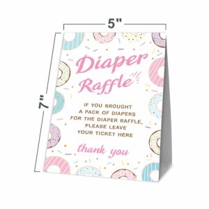 JCVUK Baby Shower Games, 1 Diaper Raffle Standing Sign with 50 Diaper Raffle Tickets,Donut Love Theme Babyshower Party Decorations and Supplies For Boys or Girls(LBLK-B09)