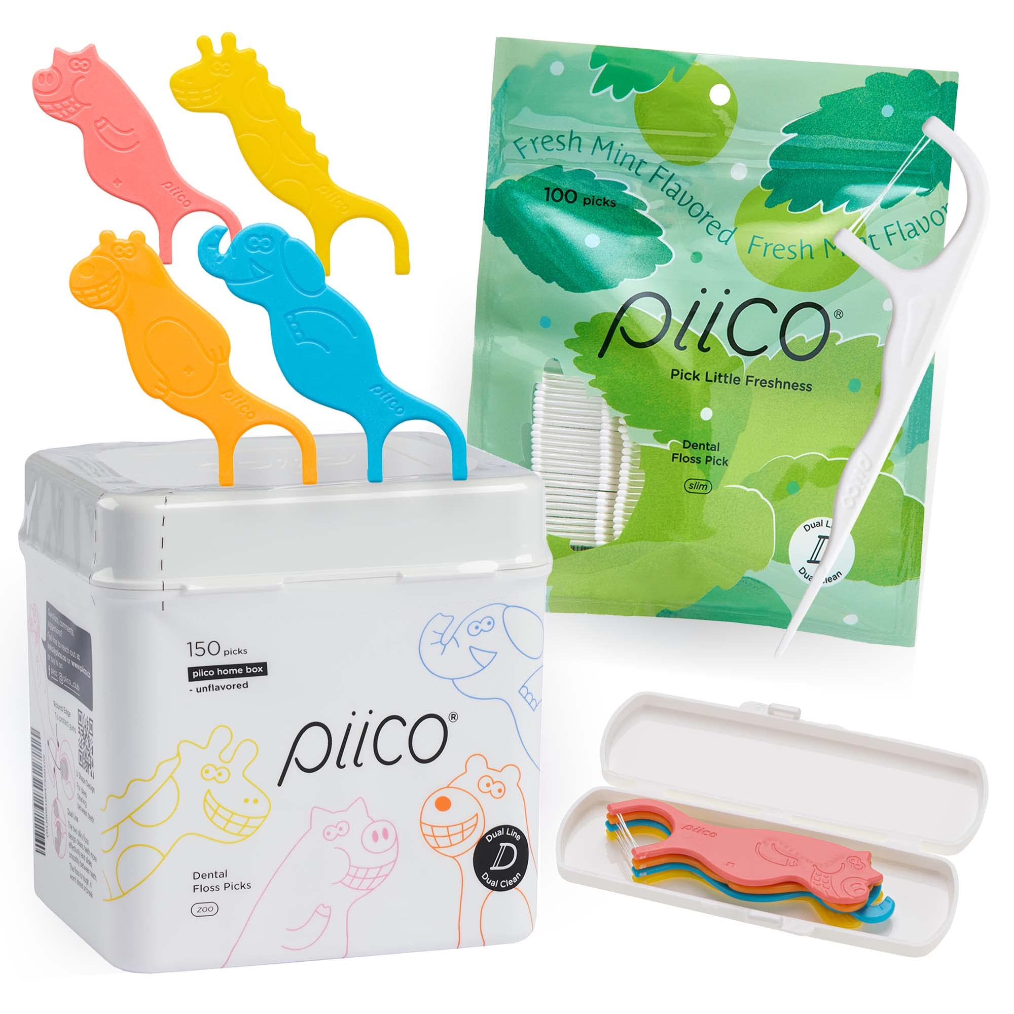 Piico Dental Floss Picks Bundle - Unflavored Fluoride-free Fun Zoo Shape Dental Flossers for Kids - Shred-Resistant Mint Flossers for Adults with Xylitol Formula and Crystal Technology