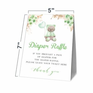 JCVUK Baby Shower Games, 1 Diaper Raffle Standing Sign with 50 Diaper Raffle Tickets,Green Bear Theme Babyshower Party Decorations and Supplies For Boys or Girls(LBLK-B03)