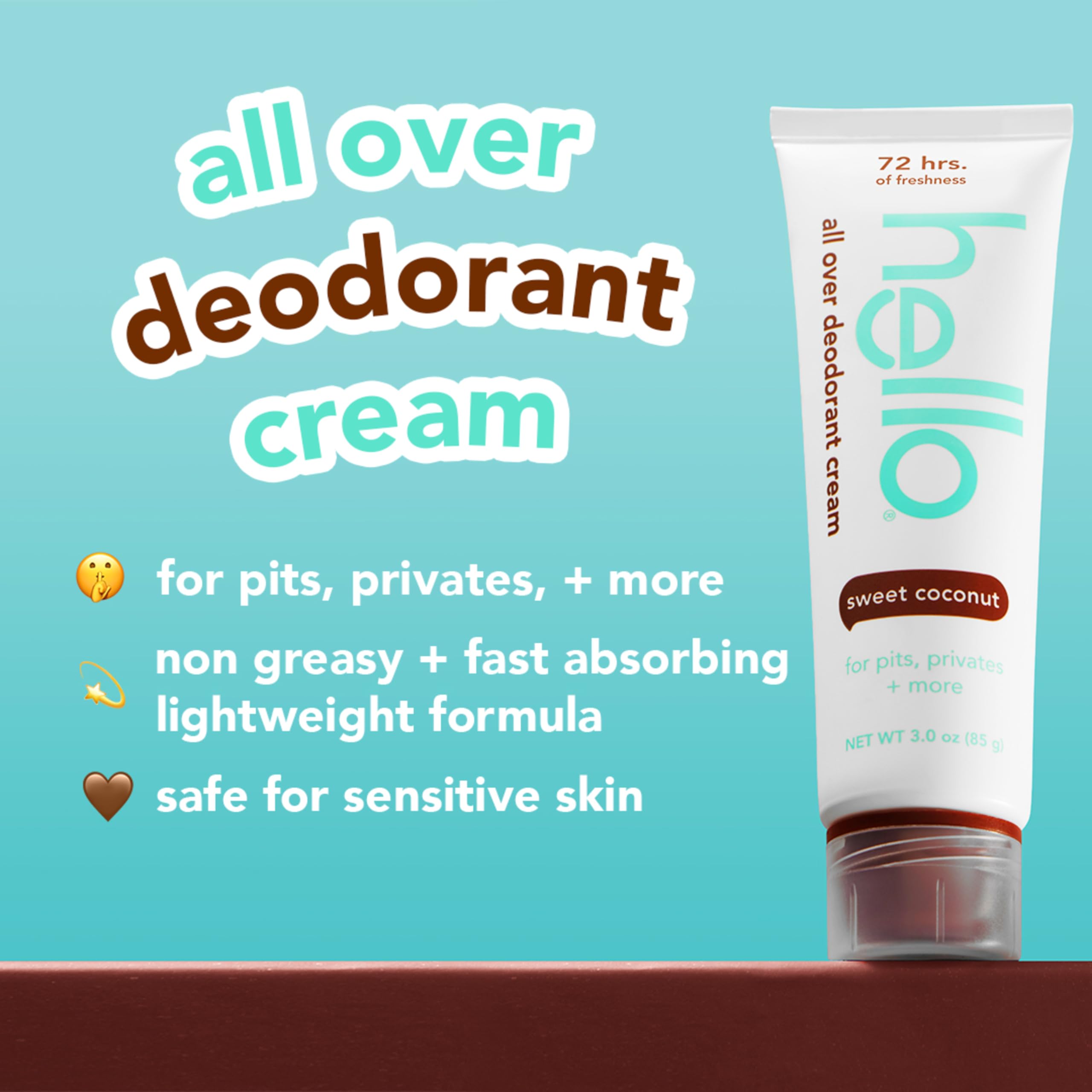 hello All Over Sweet Coconut Deodorant Cream, Aluminum Free Deodorant Cream for Pits, Privates + More, Offers 72 Hours of Freshness, Safe for Sensitive Skin, Vegan, 1 Pack, 3 Oz Tube