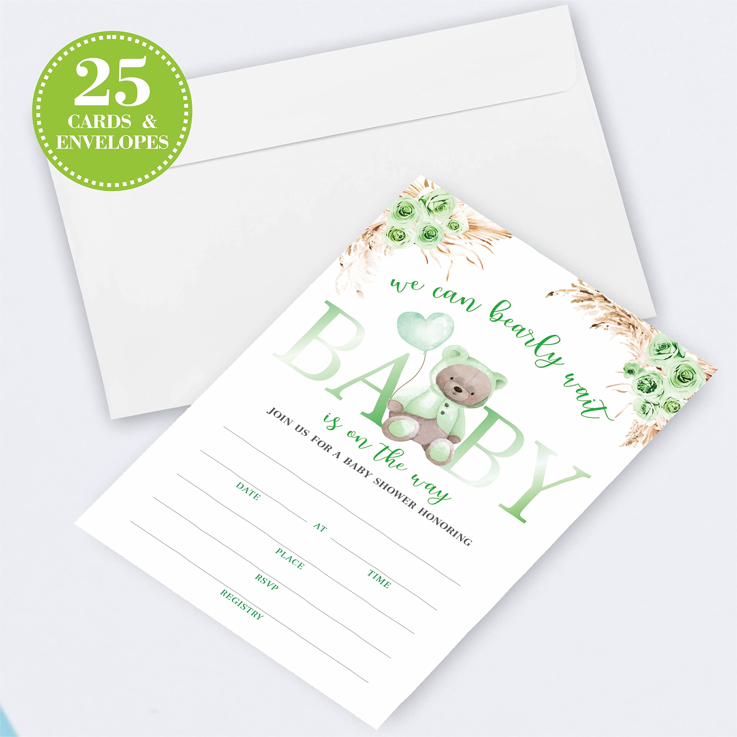 JCVUK Set of 25 Baby Shower Invitations with Envelopes, Diaper Raffle Tickets and Baby Shower Book Request Cards,Green Bear Theme Babyshower Party For Boys or Girls(YQKTZ-B16