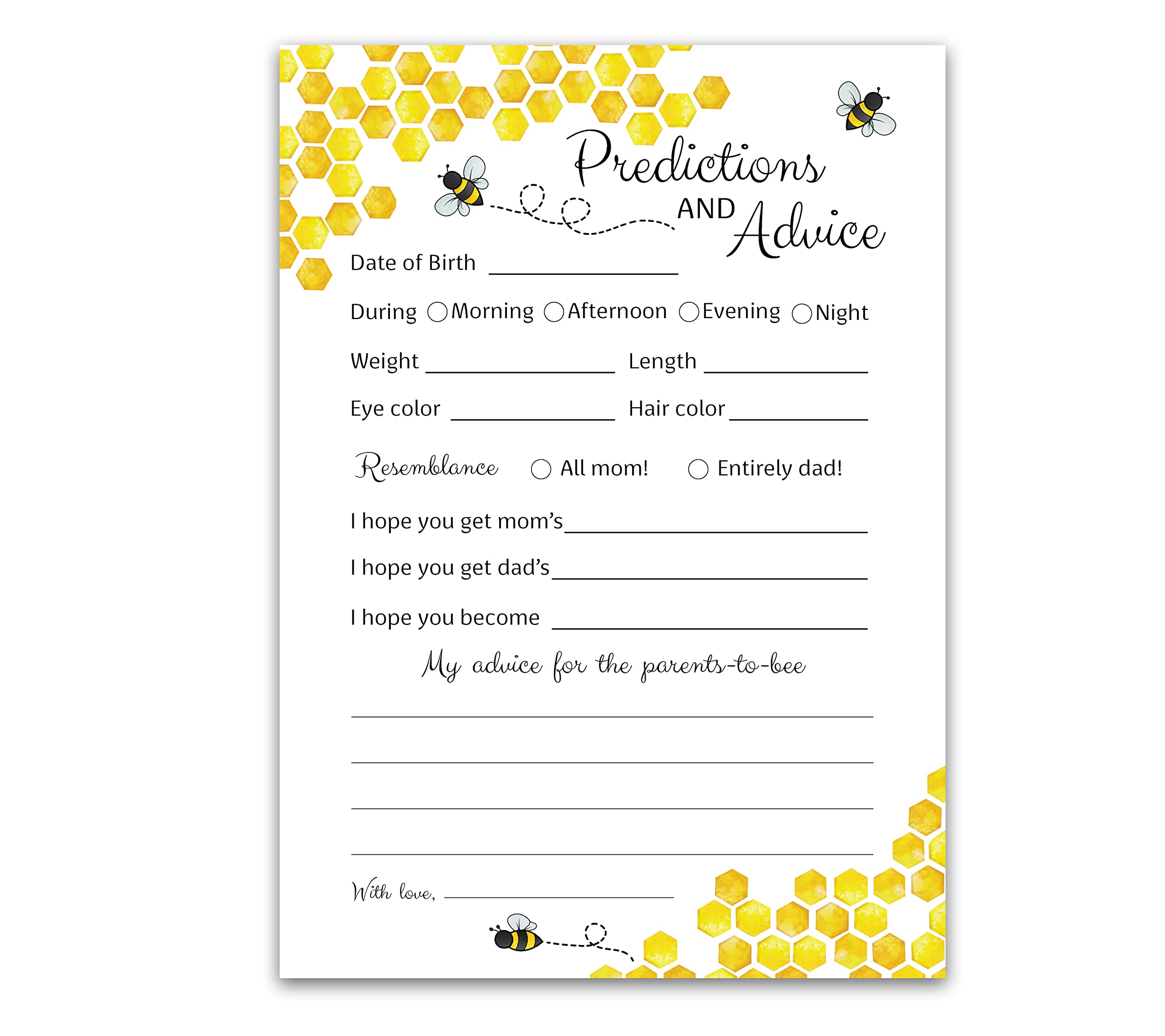 BEE Prediction and Advice Cards - Pack of 25 - Bumblebee Baby Shower Games, Yellow neutral Bumble bee New Parents, Mom & Dad to be, Mommy & Daddy Message, Honey bee Coed Activity Keepsake G620-PDAV