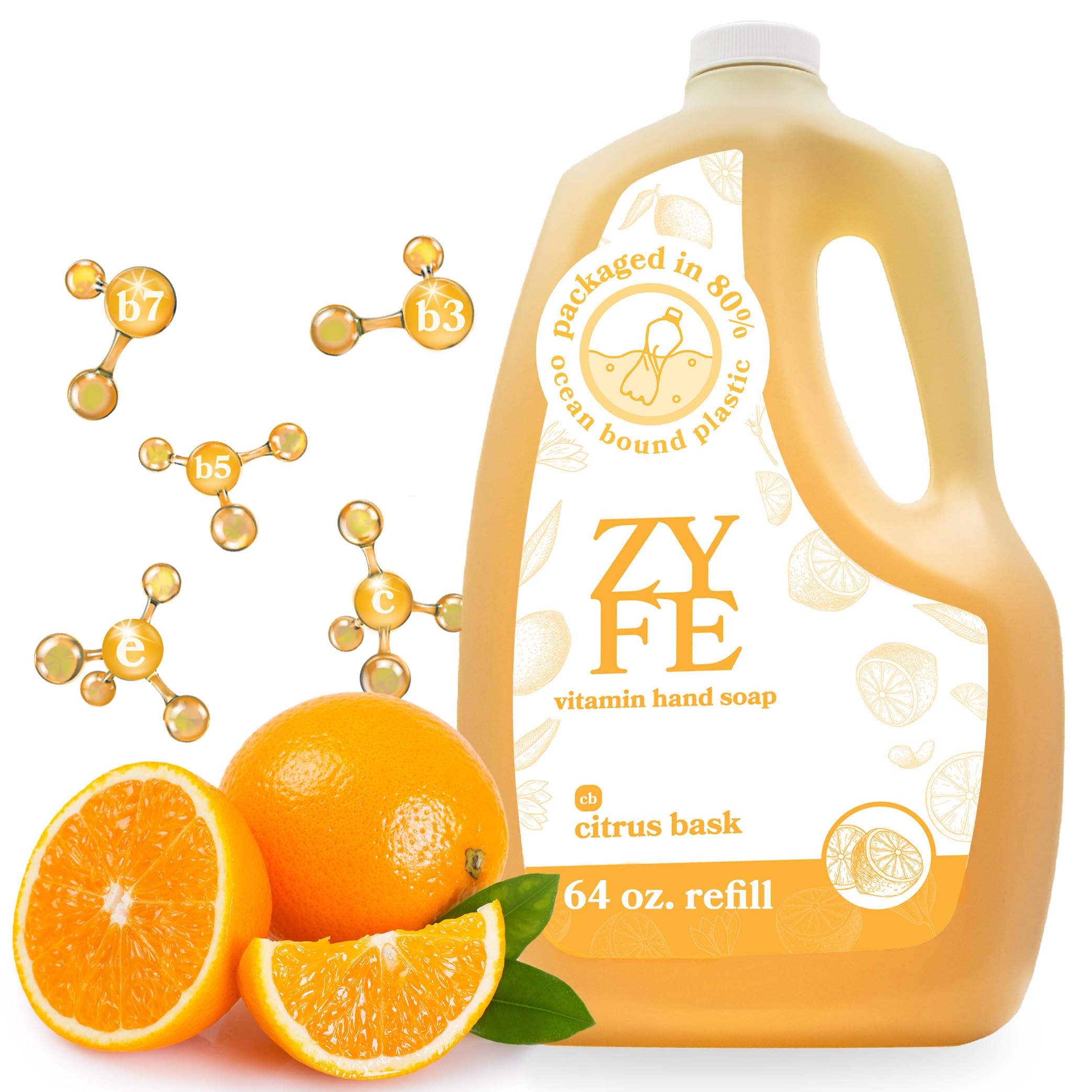 ZYFE Vitamin Hand Soap Refill - Liquid Hand Soap - Natural Plant Derived Moisturizing Handsoap with Essential Oil Fragrance Citrus Bask - Soft Hand Wash for Kitchen & Bathroom - Lush Soft Soap 64oz